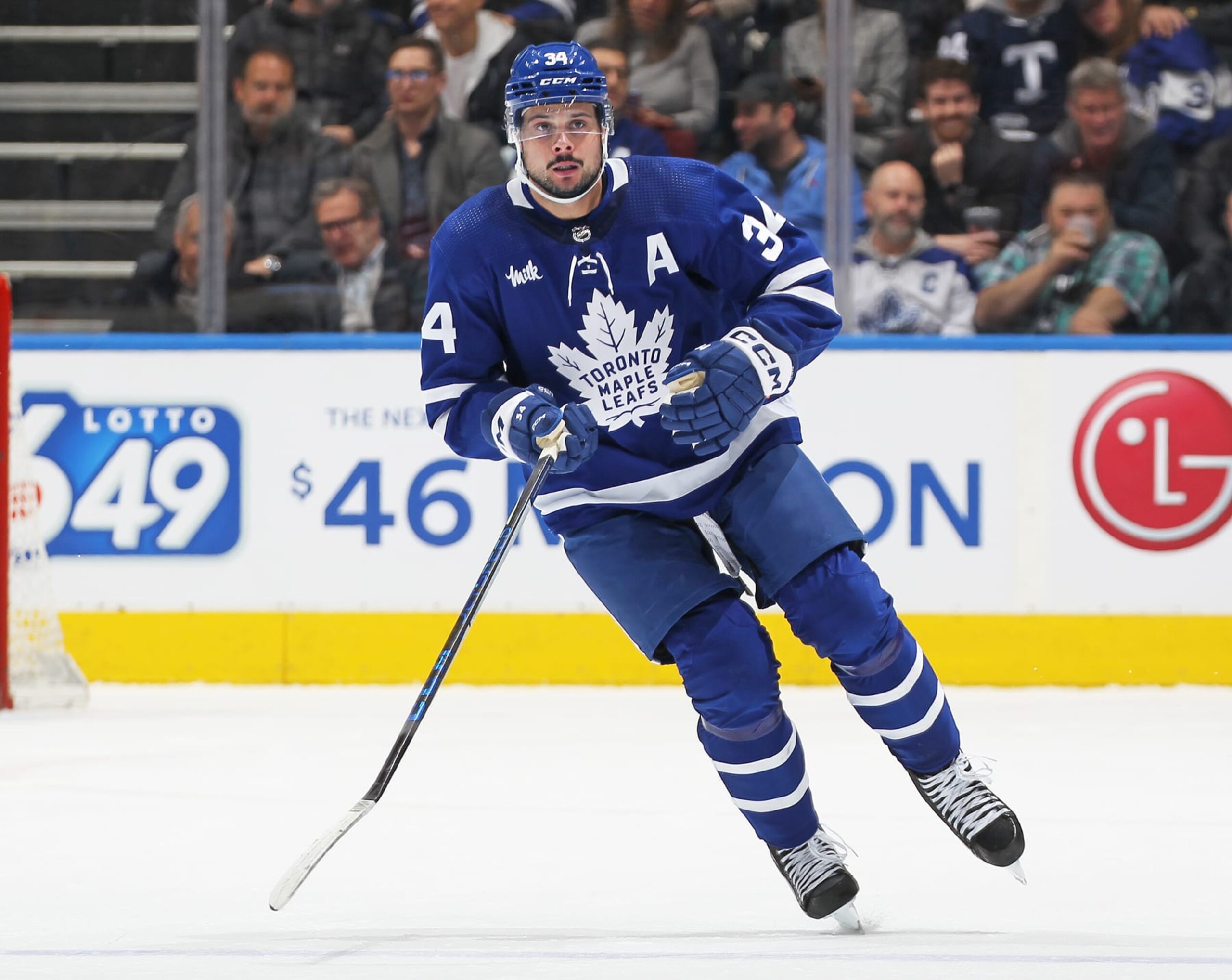 TORONTO, CANADA - MARCH 15:  Auston Matthews #34 of the Toronto Maple Leafs skates against the Colorado Avalanche during an NHL game at Scotiabank Arena on March 15, 2023 in Toronto, Ontario, Canada. The Avalanche defeated the Maple Leafs 2-1 in overtime shootout. (Photo by Claus Andersen/Getty Images)