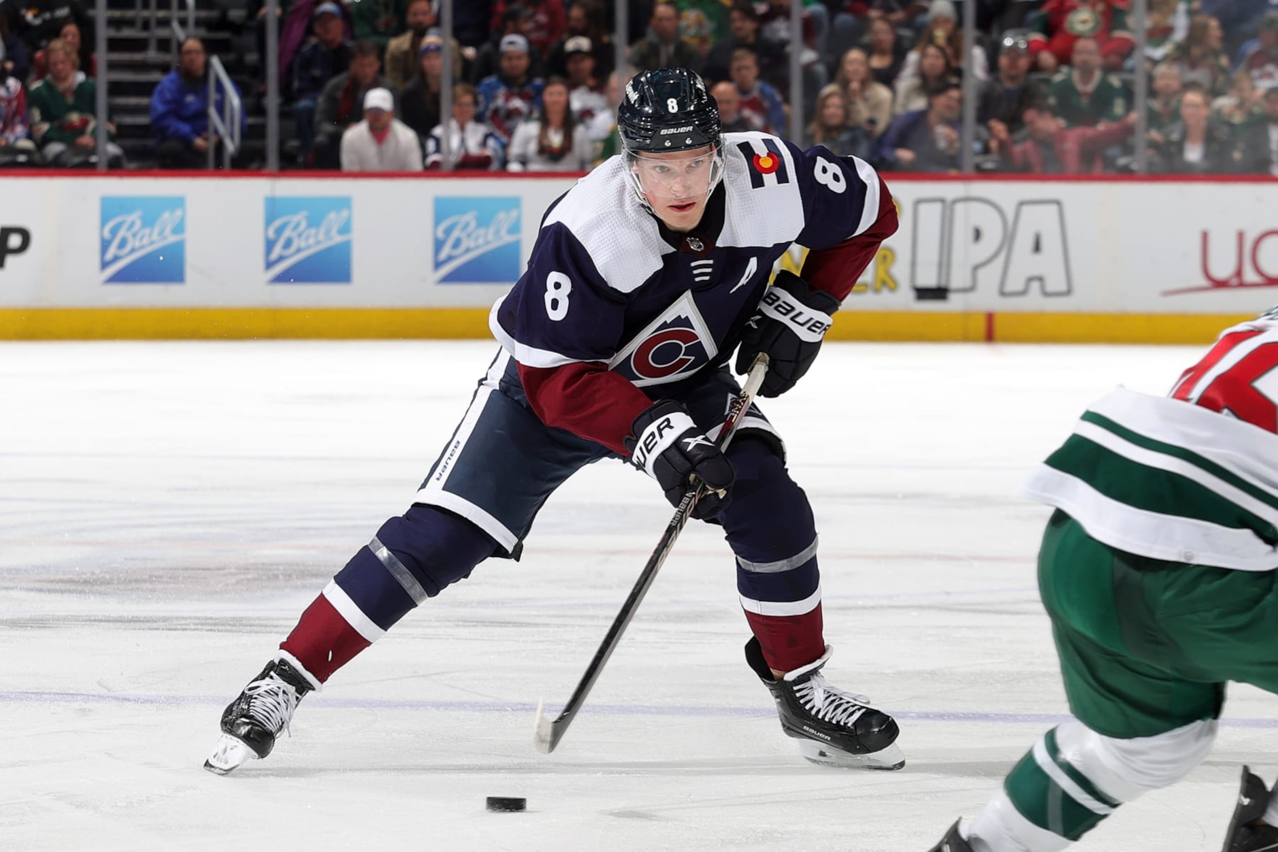 DENVER, COLORADO - MARCH 29: Cale Makar #8 of the Colorado Avalanche skates against the Minnesota Wild at Ball Arena on March 29, 2023 in Denver, Colorado. (Photo by Michael Martin/NHLI via Getty Images)