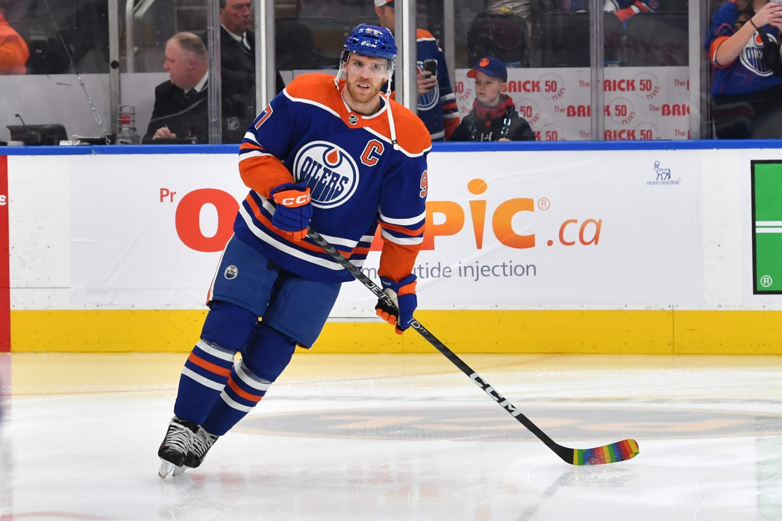 EDMONTON, CANADA - MARCH 25: Connor McDavid #97 of the Edmonton Oilers skates with pride tape during warm ups before the game against the Vegas Golden Knights on March 25, 2023 at Rogers Place in Edmonton, Alberta, Canada. (Photo by Andy Devlin/NHLI via Getty Images)