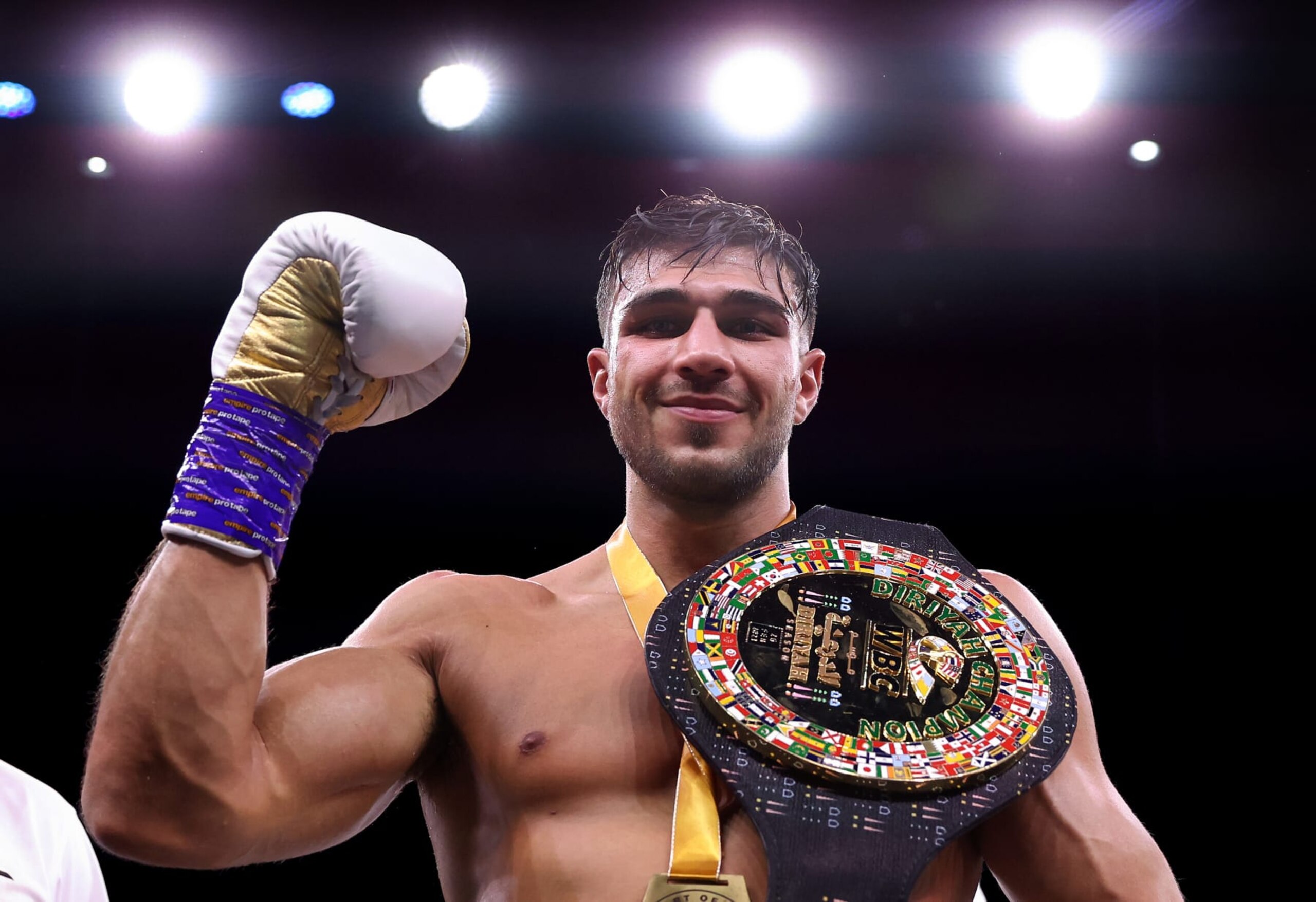 RIYADH, SAUDI ARABIA - FEBRUARY 26: Tommy Fury poses for a photo with their Title Belt after defeating Jake Paul during the Cruiserweight Title fight between Jake Paul and Tommy Fury at the Diriyah Arena on February 26, 2023 in Riyadh, Saudi Arabia. (Photo by Francois Nel/Getty Images)