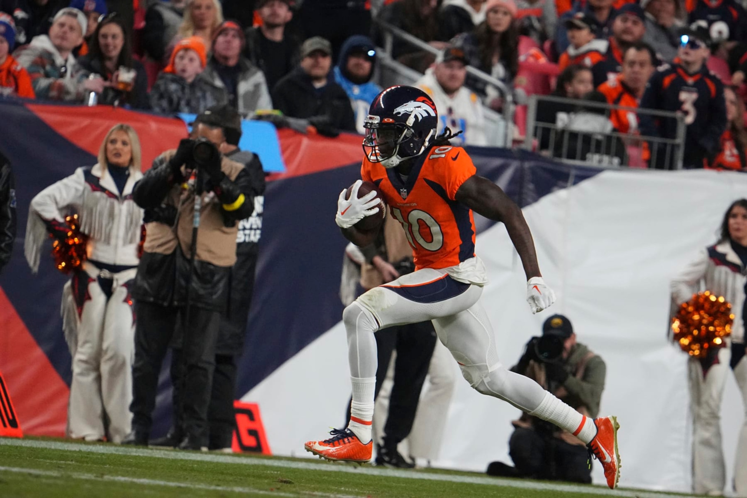 Denver Broncos wide receiver Jerry Jeudy (10) plays against the Los Angeles Chargers of an NFL football game Sunday, January 8, 2023, in Denver. (AP Photo/Bart Young)