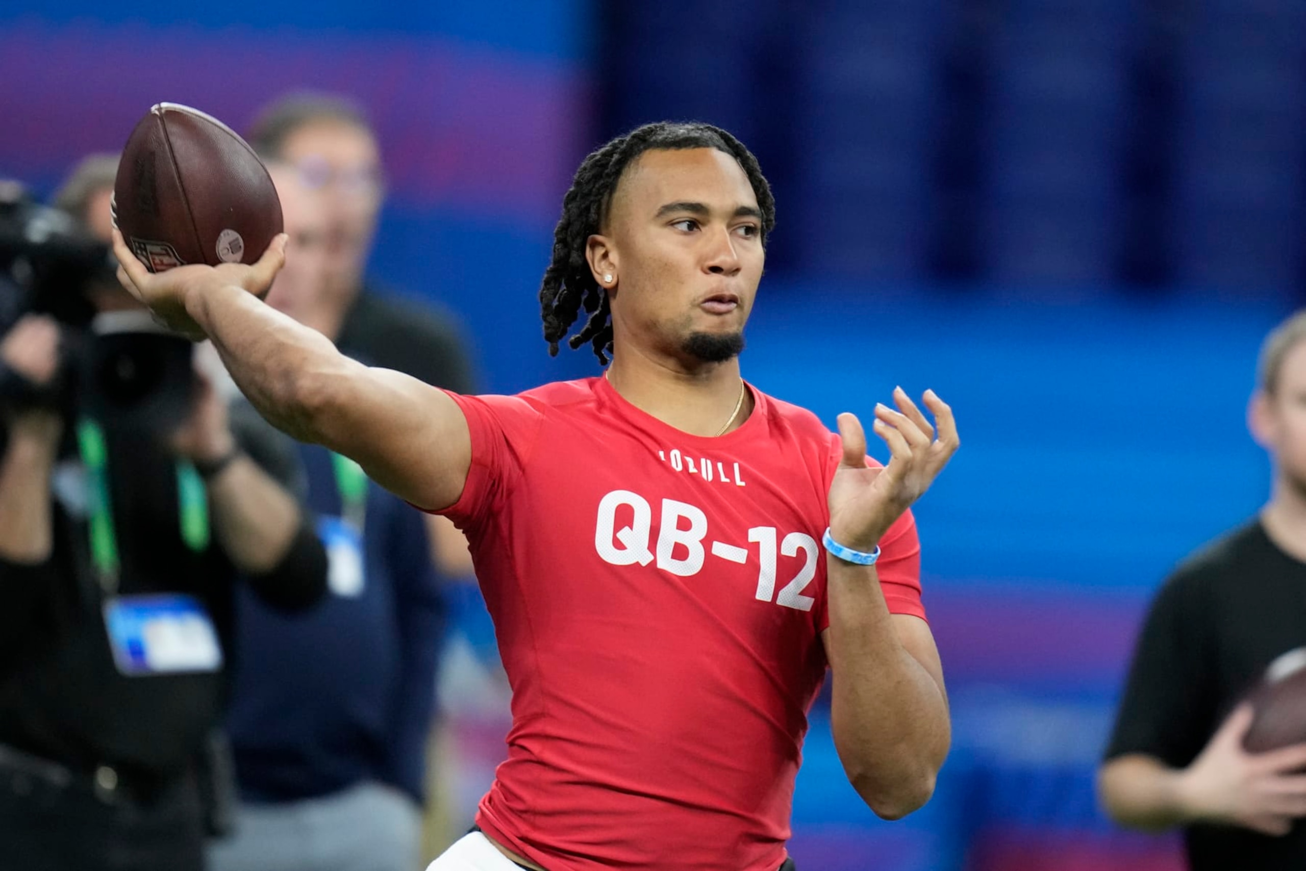 Ohio State quarterback CJ Stroud runs a drill at the NFL football scouting combine in Indianapolis, Saturday, March 4, 2023. (AP Photo/Michael Conroy) Ohio State quarterback CJ Stroud runs a drill at the NFL football scouting combine in Indianapolis, Saturday, March 4, 2023. (AP Photo/Michael Conroy)