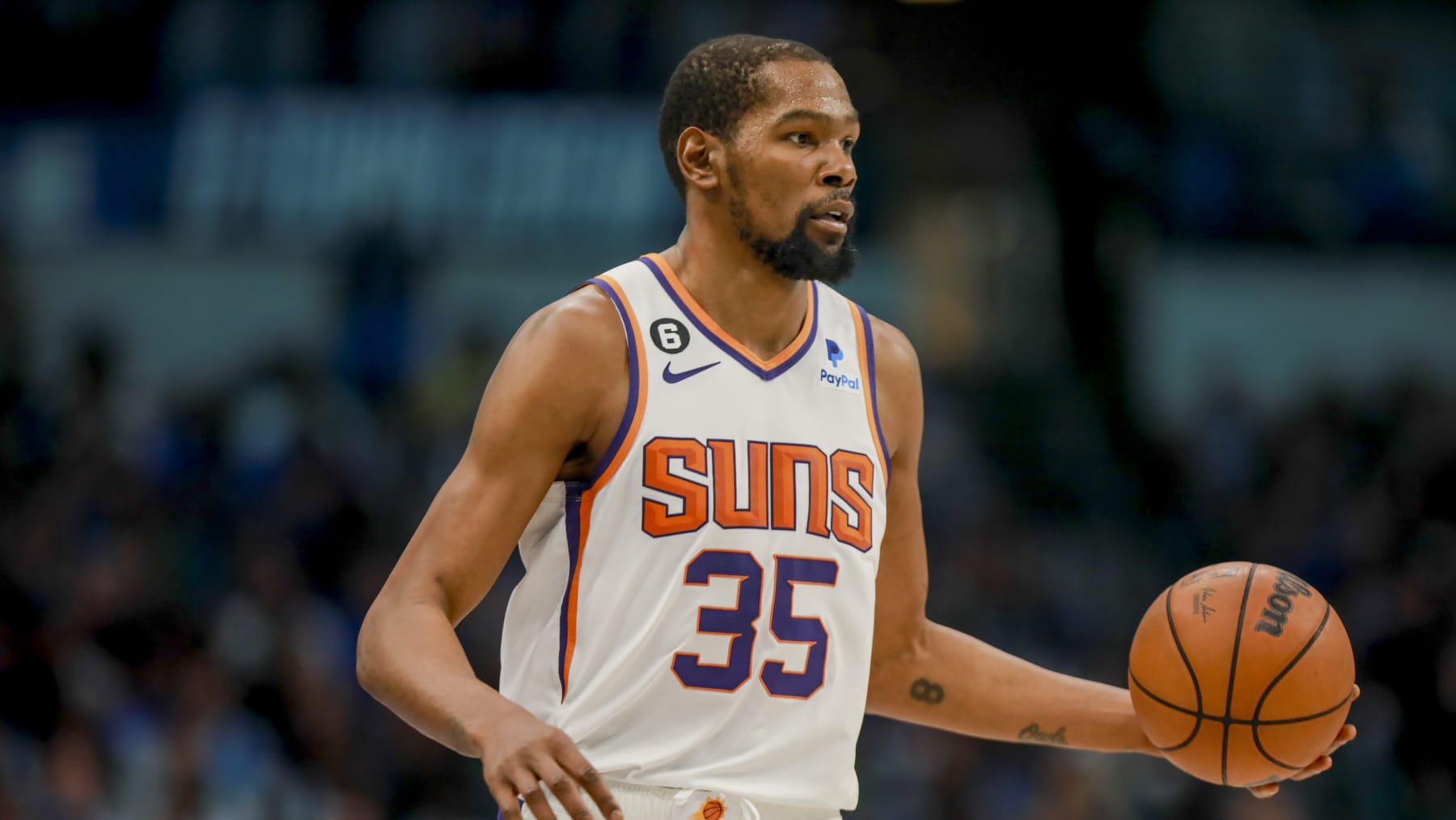 Phoenix Suns forward Kevin Durant (35) runs the court during an NBA basketball game against the Dallas Mavericks, Sunday, March 5, 2023, in Dallas. (AP Photo/Gareth Patterson)