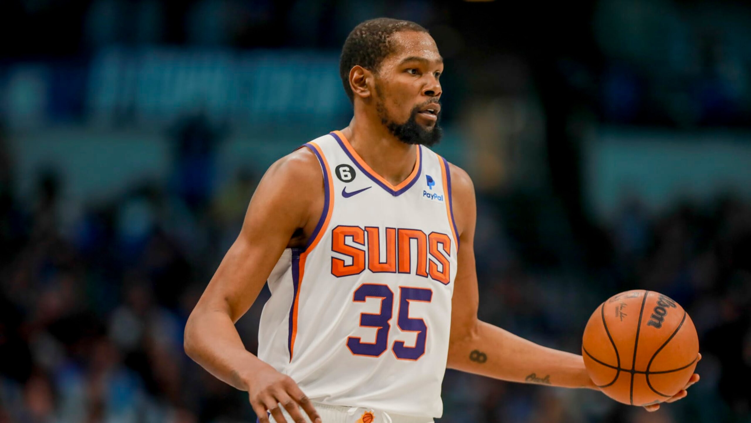 Phoenix Suns forward Kevin Durant (35) runs the court during an NBA basketball game against the Dallas Mavericks, Sunday, March 5, 2023, in Dallas. (AP Photo/Gareth Patterson)