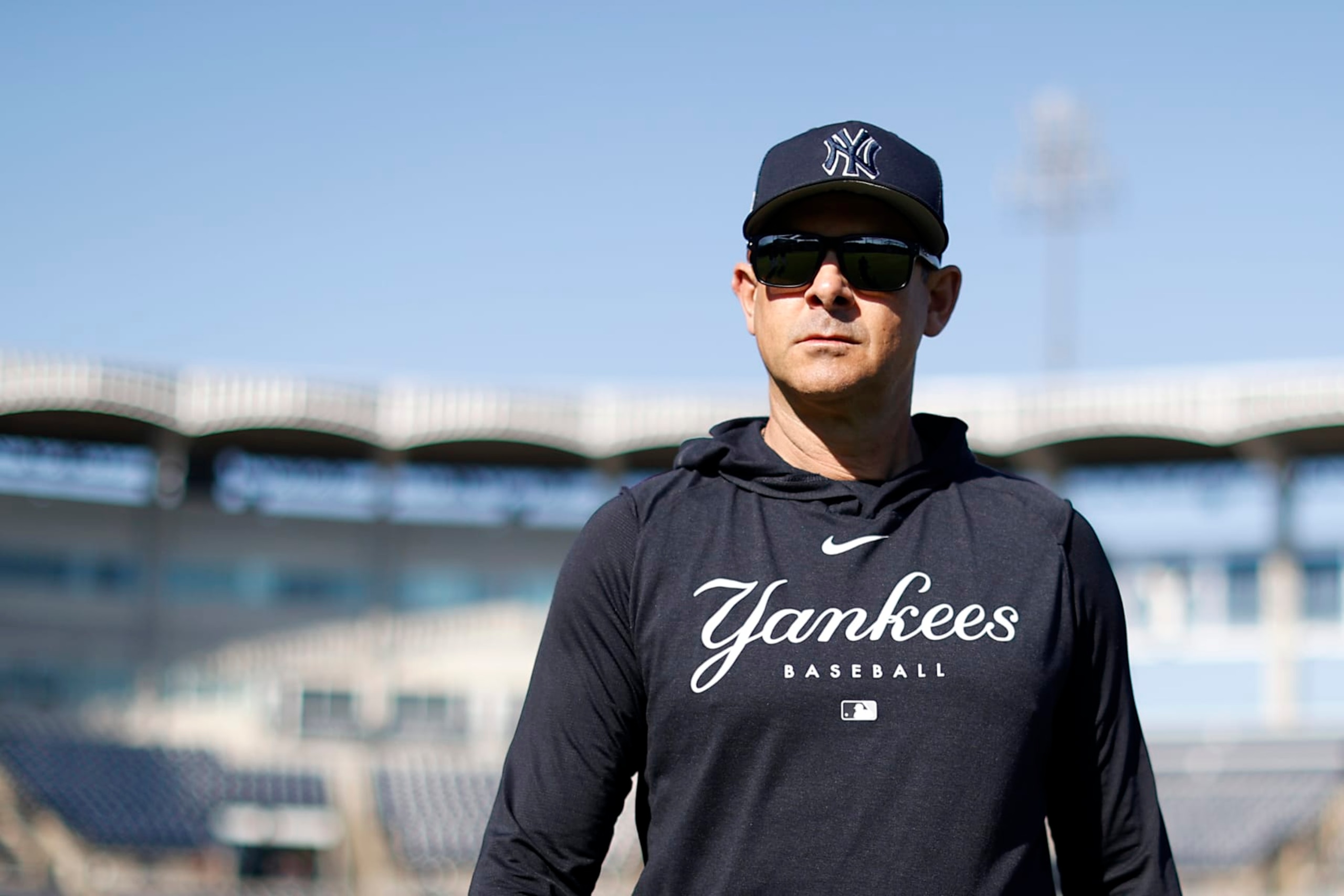 TAMPA, FL - FEBRUARY 26: Manager, Aaron Boone #17 of the New York Yankees looks on before a spring training game against the Atlanta Braves at George M. Steinbrenner Field on February 26, 2023 in Tampa, Florida. (Photo by New York Yankees/Getty Images)