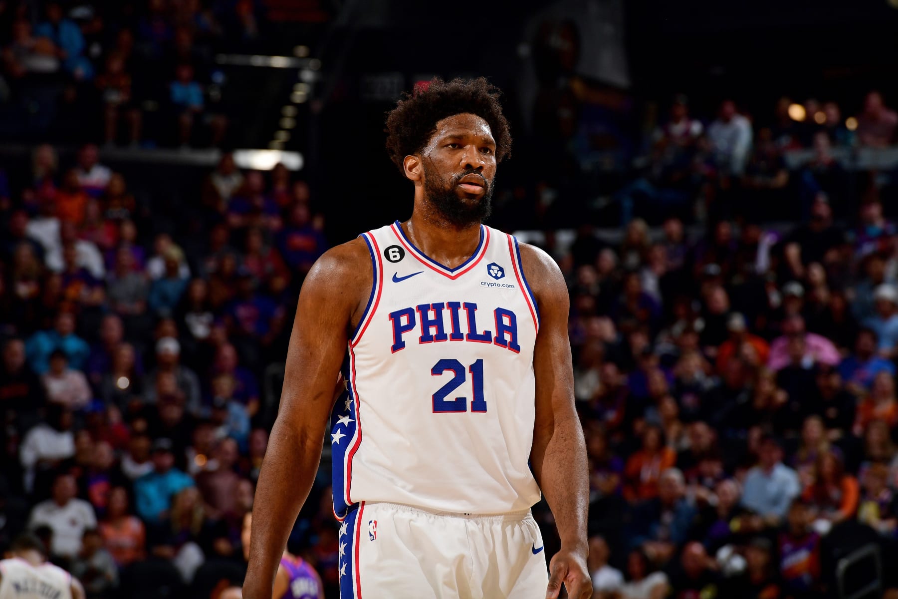 PHOENIX, AZ - MARCH 25: Joel Embiid #21 of the Philadelphia 76ers looks on during the game against the Phoenix Suns  on March 25, 2023 at Footprint Center in Phoenix, Arizona. NOTE TO USER: User expressly acknowledges and agrees that, by downloading and or using this photograph, user is consenting to the terms and conditions of the Getty Images License Agreement. Mandatory Copyright Notice: Copyright 2023 NBAE (Photo by Kate Frese/NBAE via Getty Images)