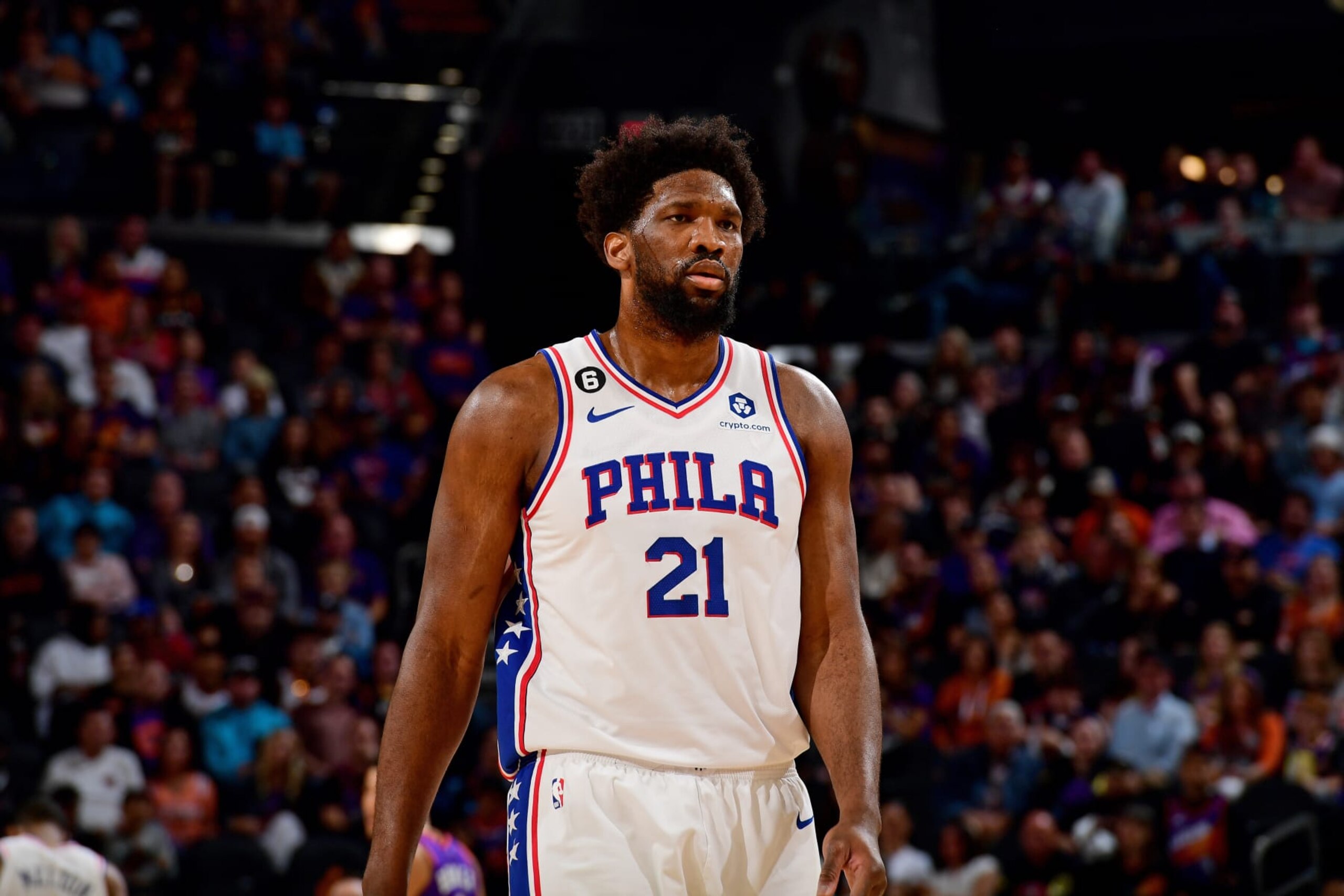 PHOENIX, AZ - MARCH 25: Joel Embiid #21 of the Philadelphia 76ers looks on during the game against the Phoenix Suns  on March 25, 2023 at Footprint Center in Phoenix, Arizona. NOTE TO USER: User expressly acknowledges and agrees that, by downloading and or using this photograph, user is consenting to the terms and conditions of the Getty Images License Agreement. Mandatory Copyright Notice: Copyright 2023 NBAE (Photo by Kate Frese/NBAE via Getty Images)