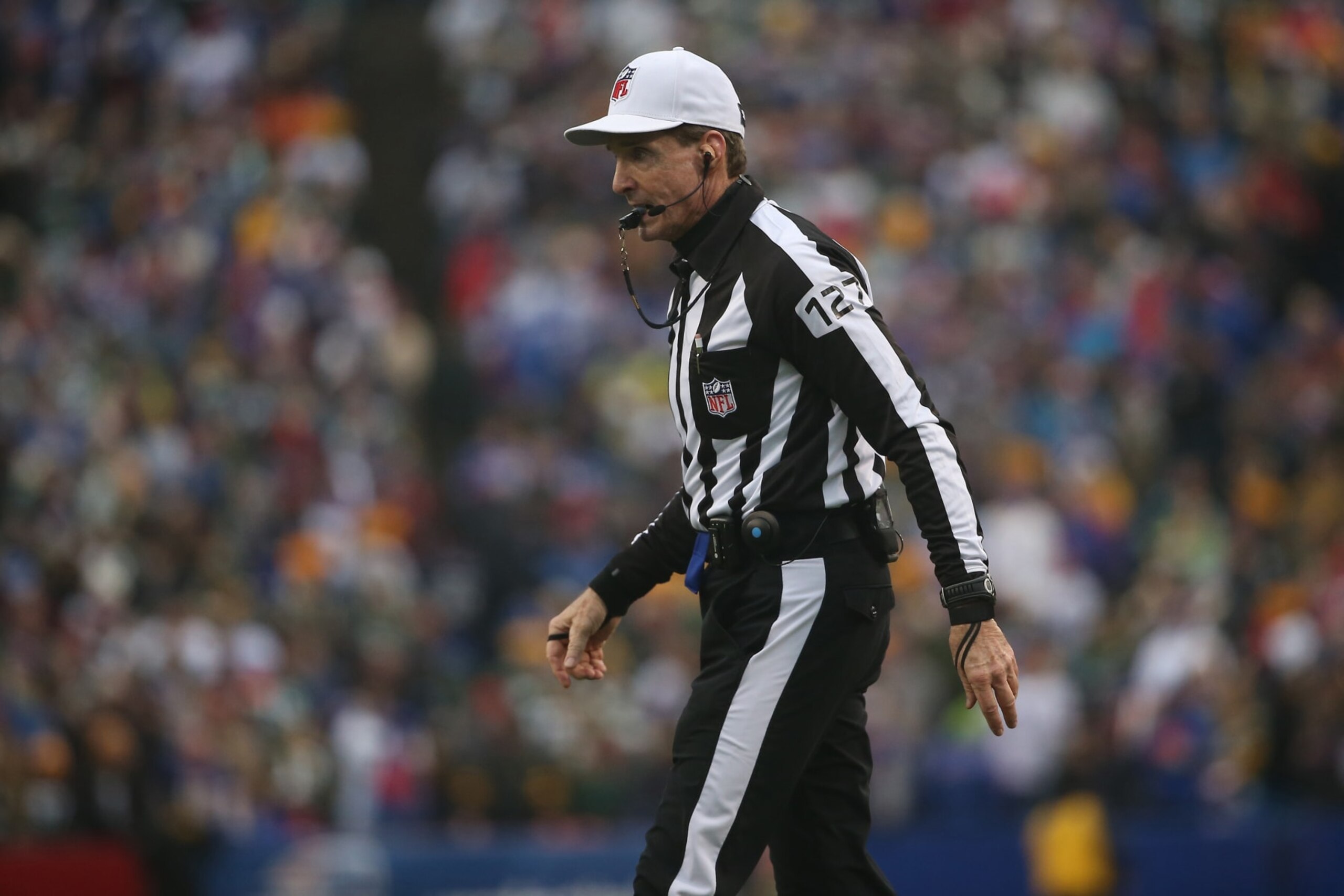 Referee Bill Leavy officiates a game between the Buffalo Bills and Green Bay Packers at Ralph Wilson Stadium on December 14, 2014 in Orchard Park, New York.