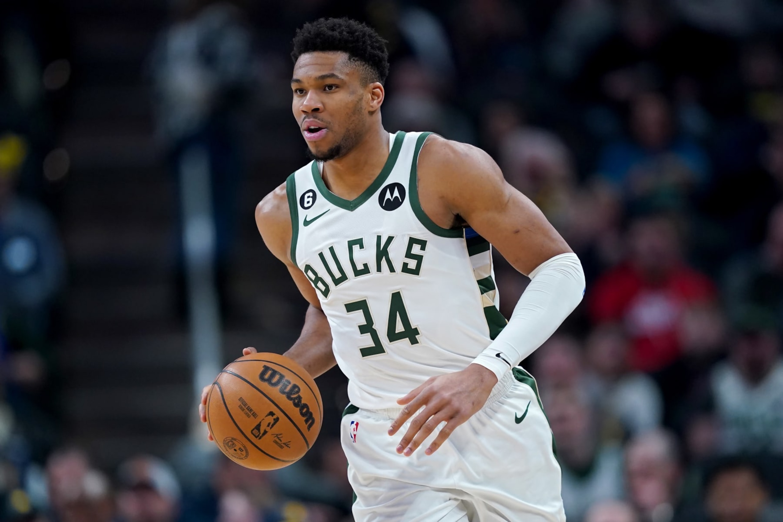 INDIANAPOLIS, INDIANA - MARCH 29: Giannis Antetokounmpo #34 of the Milwaukee Bucks dribbles the ball in the first quarter against the Indiana Pacers at Gainbridge Fieldhouse on March 29, 2023 in Indianapolis, Indiana. NOTE TO USER: User expressly acknowledges and agrees that, by downloading and or using this photograph, User is consenting to the terms and conditions of the Getty Images License Agreement. (Photo by Dylan Buell/Getty Images)
