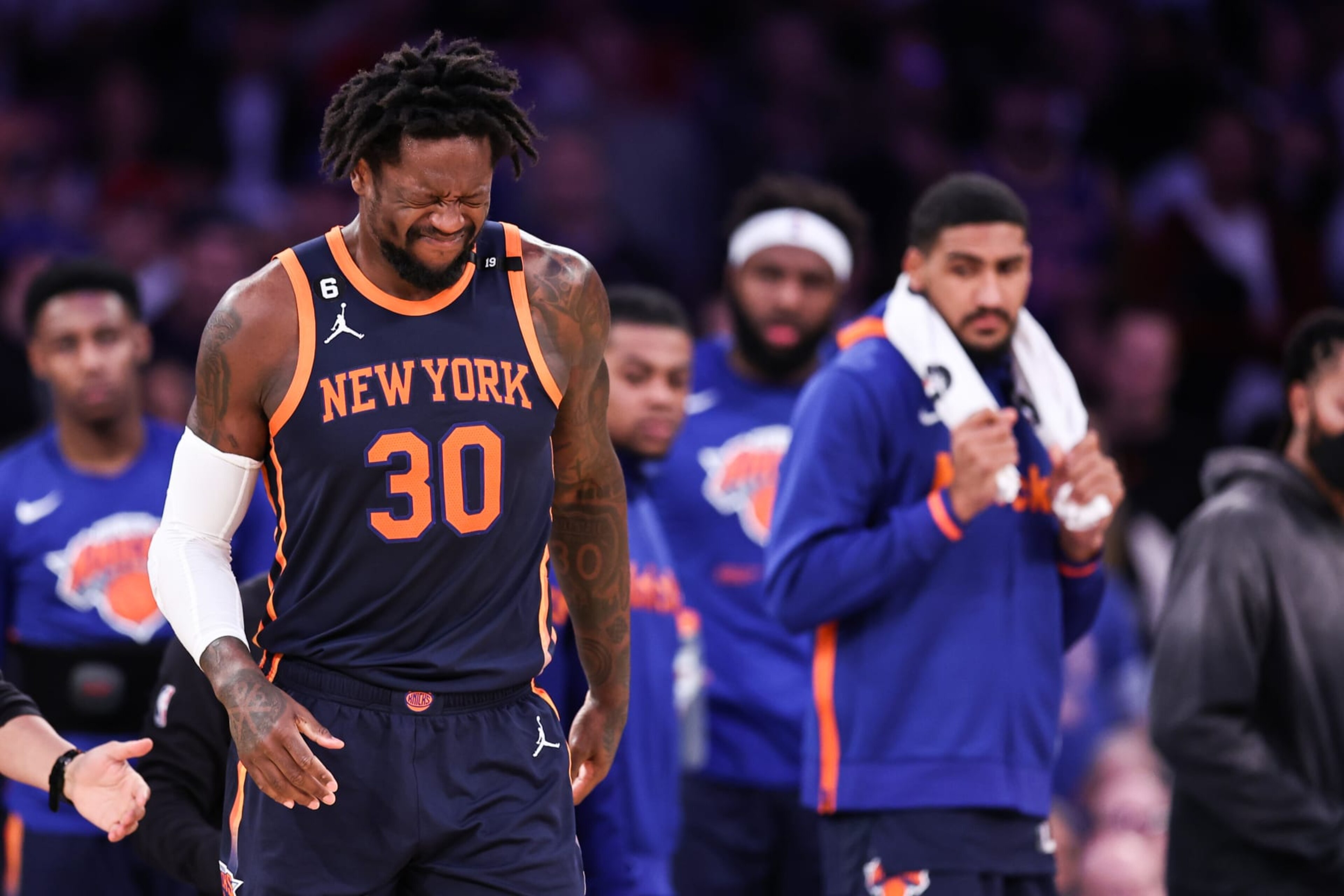 NEW YORK, NEW YORK - MARCH 29: Julius Randle #30 of the New York Knicks walks after getting injured during the second quarter of the game against the Miami Heat at Madison Square Garden on March 29, 2023 in New York City. NOTE TO USER: User expressly acknowledges and agrees that, by downloading and or using this photograph, User is consenting to the terms and conditions of the Getty Images License Agreement. (Photo by Dustin Satloff/Getty Images) NEW YORK, NEW YORK - MARCH 29: Julius Randle #30 of the New York Knicks walks after getting injured during the second quarter of the game against the Miami Heat at Madison Square Garden on March 29, 2023 in New York City. NOTE TO USER: User expressly acknowledges and agrees that, by downloading and or using this photograph, User is consenting to the terms and conditions of the Getty Images License Agreement. (Photo by Dustin Satloff/Getty Images)