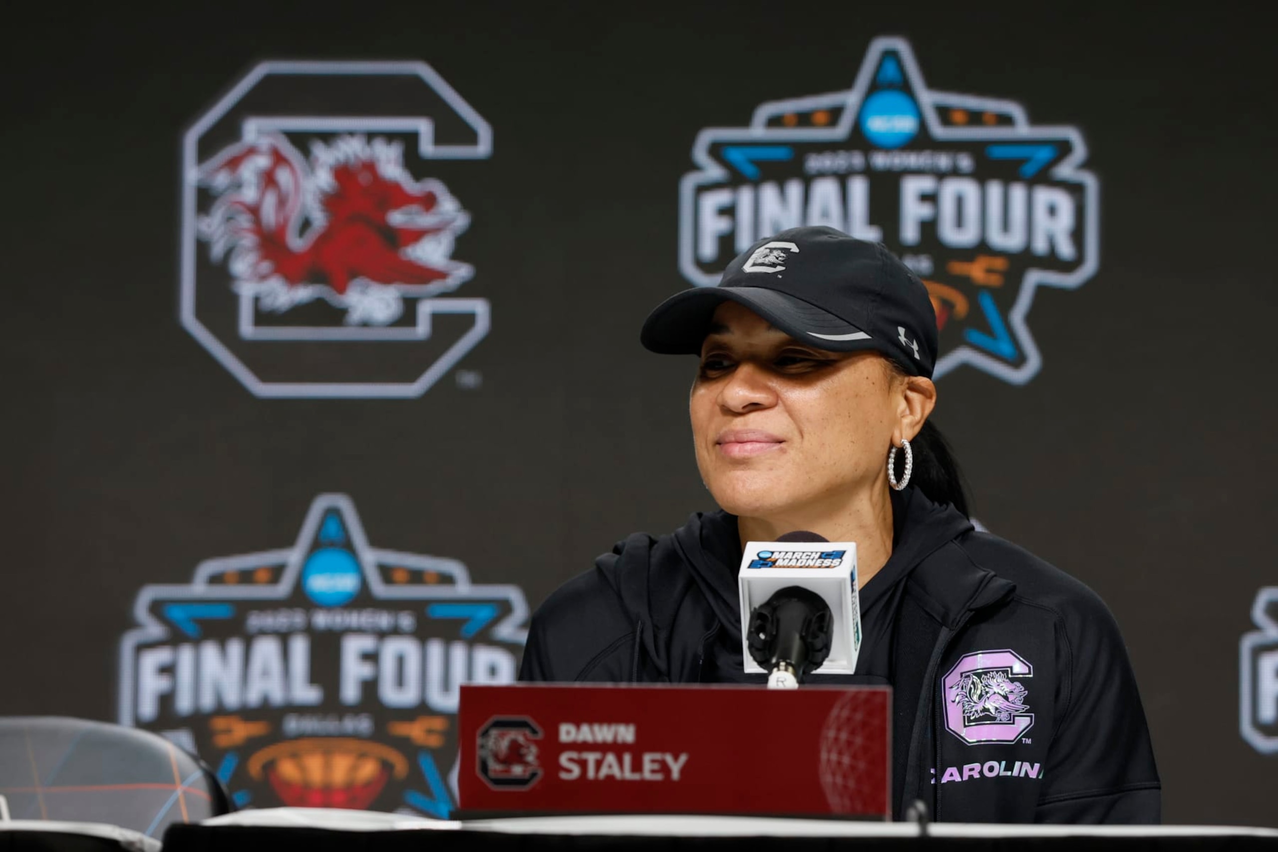 DALLAS, TX - MARCH 30: Dawn Staley head coach of the South Carolina Gamecocks answers questions during a press conference at the 2023 NCAA Women's Basketball Final Four at American Airlines Center on March 30, 2023 in Dallas, Texas. (Photo by Jay LaPrete/NCAA Photos via Getty Images)