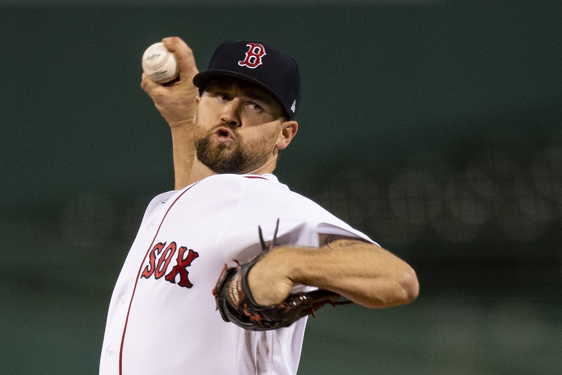 BOSTON, MA - AUGUST 31: Colten Brewer #48 of the Boston Red Sox delivers during the third inning of a game against the Atlanta Braves on August 31, 2020 at Fenway Park in Boston, Massachusetts. The 2020 season had been postponed since March due to the COVID-19 pandemic. (Photo by Billie Weiss/Boston Red Sox/Getty Images)