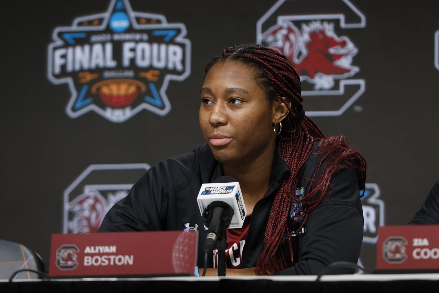 DALLAS, TX - MARCH 30: Aliyah Boston #4 of the South Carolina Gamecocks answers questions during a press conference at the 2023 NCAA Women's Basketball Final Four at American Airlines Center on March 30, 2023 in Dallas, Texas. (Photo by Jay LaPrete/NCAA Photos via Getty Images)