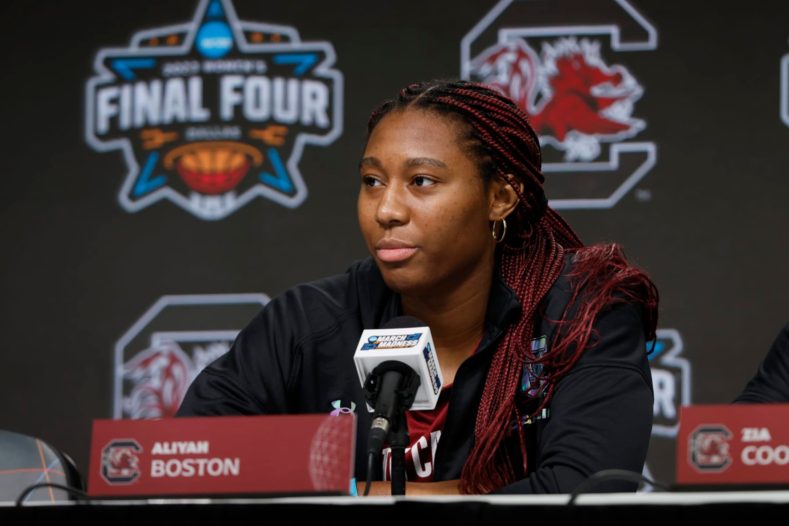 DALLAS, TX - MARCH 30: Aliyah Boston #4 of the South Carolina Gamecocks answers questions during a press conference at the 2023 NCAA Women's Basketball Final Four at American Airlines Center on March 30, 2023 in Dallas, Texas. (Photo by Jay LaPrete/NCAA Photos via Getty Images)
