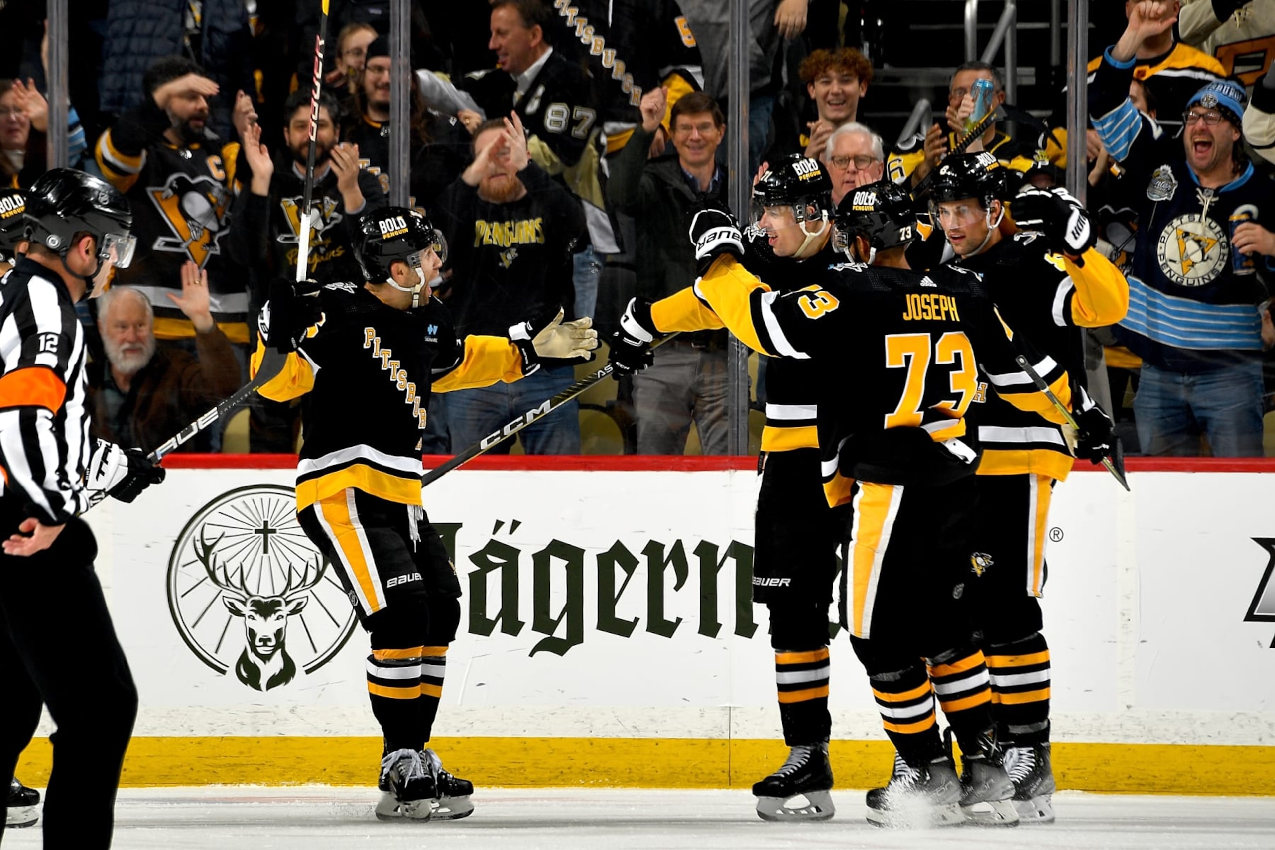 PITTSBURGH, PA - MARCH 30:  Jason Zucker #16 of the Pittsburgh Penguins celebrates his second period goal against the Nashville Predators at PPG PAINTS Arena on March 30, 2023 in Pittsburgh, Pennsylvania. (Photo by Joe Sargent/NHLI via Getty Images)