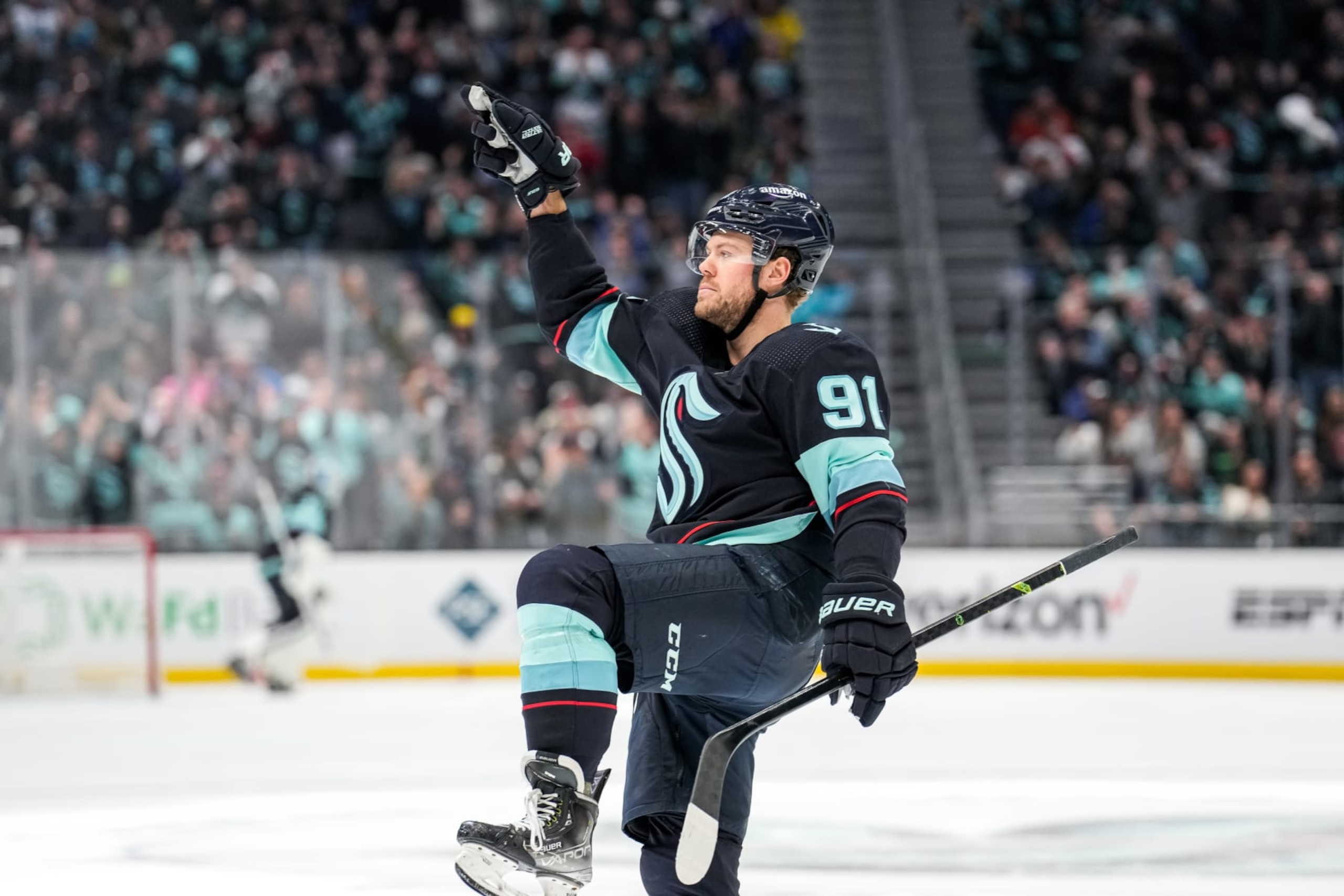 SEATTLE, WASHINGTON - MARCH 30: Daniel Sprong #91 of the Seattle Kraken celebrates a goal against the Anaheim Ducks during the third period at Climate Pledge Arena on March 30, 2023 in Seattle, Washington. (Photo by Christopher Mast/NHLI via Getty Images)