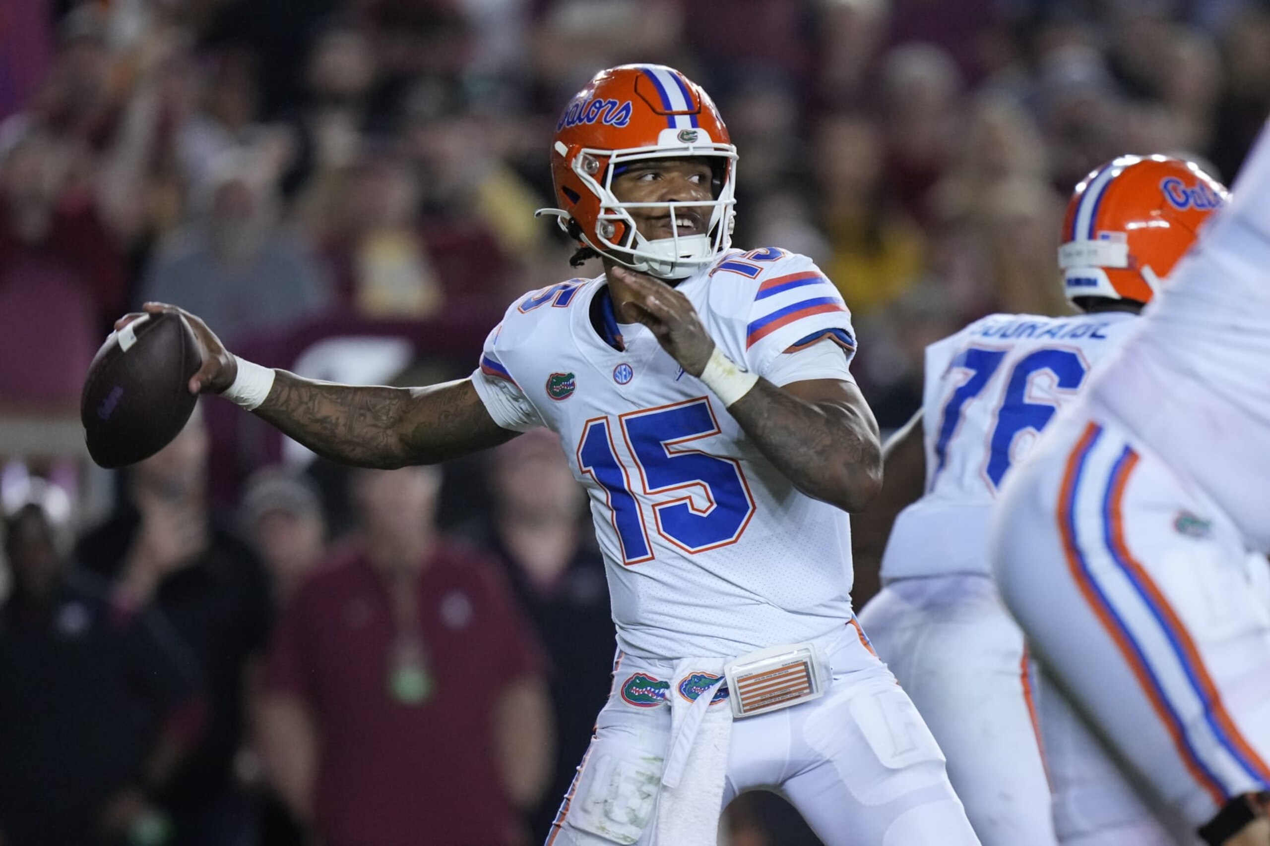 TALLAHASSEE, FL - NOVEMBER 25: Florida Gators quarterback Anthony Richardson (15) makes a pass attempt during the game between the Florida Gators and the Florida State Seminoles on Friday, November 25, 2022 at Bobby Bowden Field at Doak Campbell Stadium (Photo by Peter Joneleit/Icon Sportswire via Getty Images)