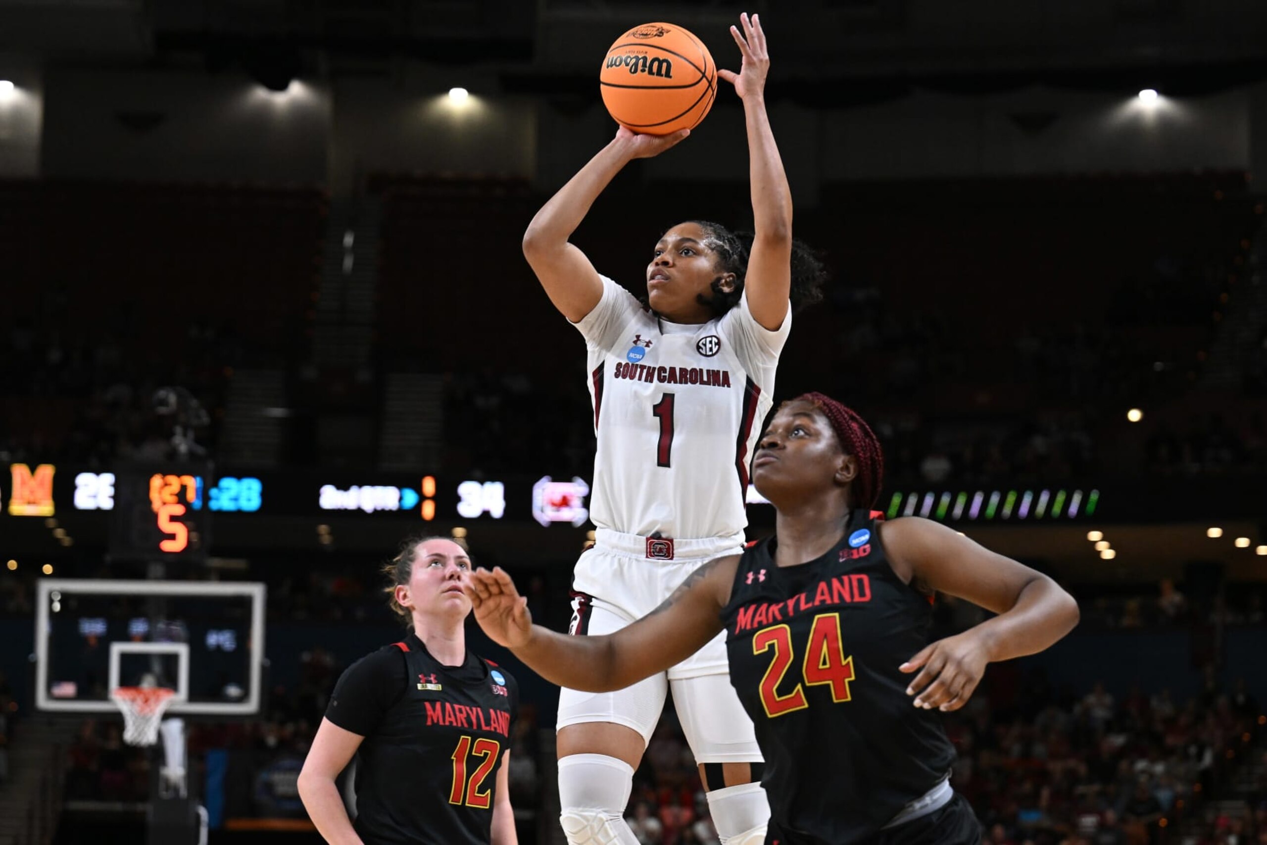 GREENVILLE, SC - MARCH 27: Zia Cooke #1 of the South Carolina Gamecocks puts up a shot against the Maryland Terrapins during the Elite Eight round of the 2023 NCAA Womens Basketball Tournament held at Bon Secours Wellness Arena on March 27, 2023 in Greenville, South Carolina. (Photo by Grant Halverson/NCAA Photos via Getty Images)