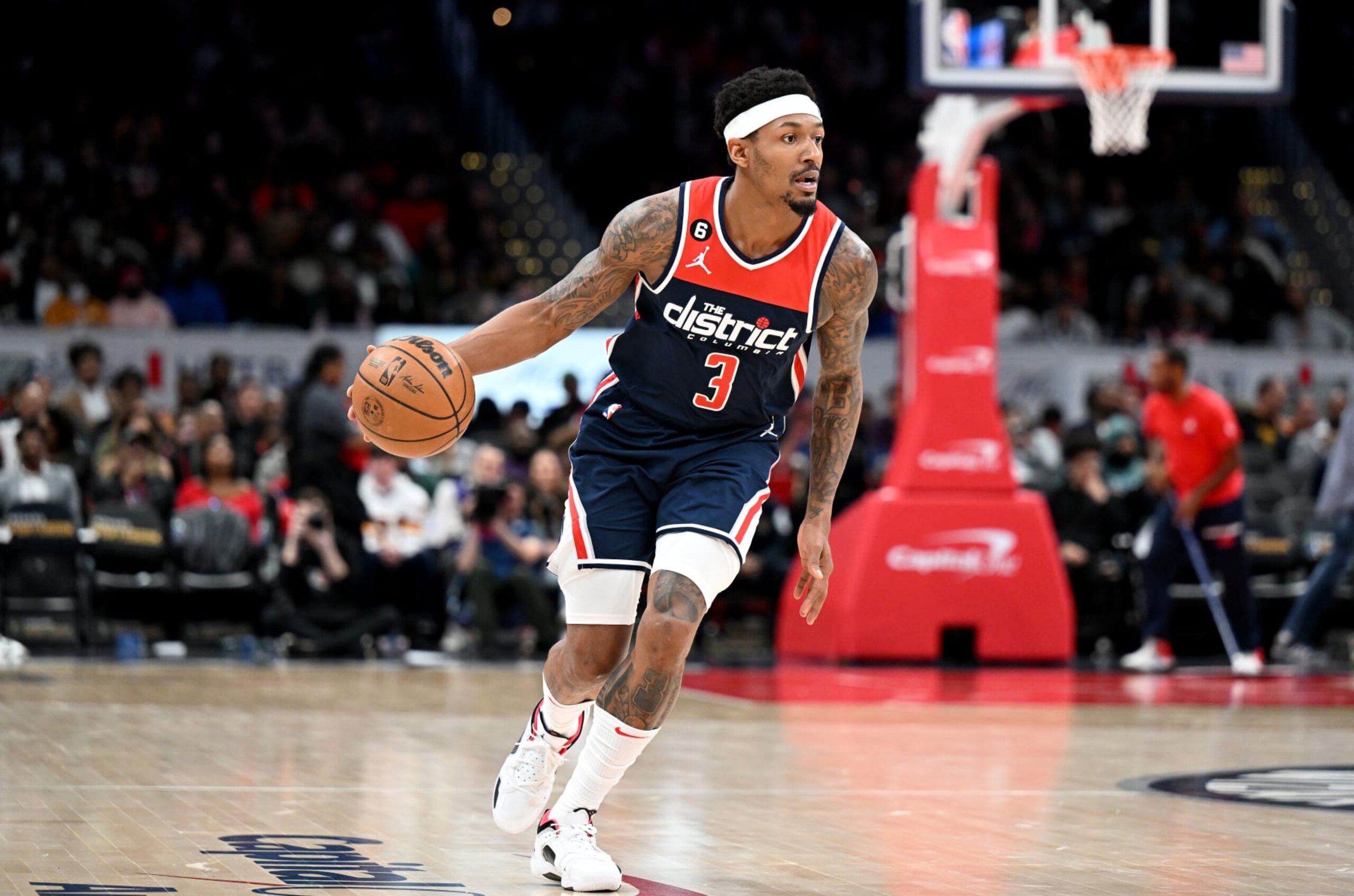 WASHINGTON, DC - MARCH 18: Bradley Beal #3 of the Washington Wizards handles the ball against the Sacramento Kings at Capital One Arena on March 18, 2023 in Washington, DC.  NOTE TO USER: User expressly acknowledges and agrees that, by downloading and or using this photograph, User is consenting to the terms and conditions of the Getty Images License Agreement.  (Photo by G Fiume/Getty Images)