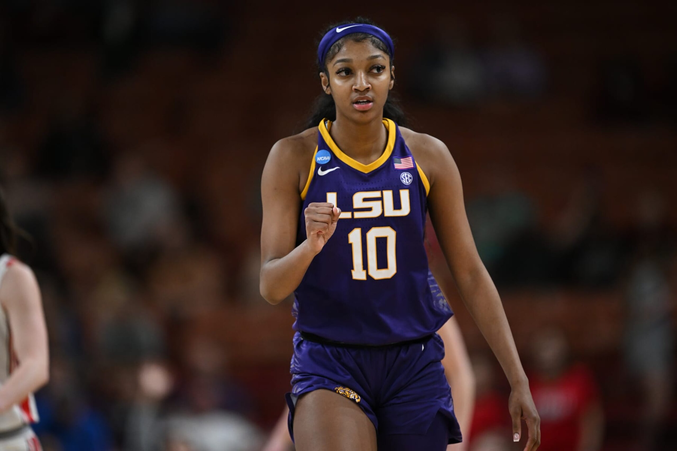 GREENVILLE, SC - MARCH 24: Angel Reese #10 of the LSU Tigers celebrates after a made basket during the Sweet Sixteen round of the 2023 NCAA Womens Basketball Tournament held at Bon Secours Wellness Arena on March 24, 2023 in Greenville, South Carolina. (Photo by Grant Halverson/NCAA Photos via Getty Images)