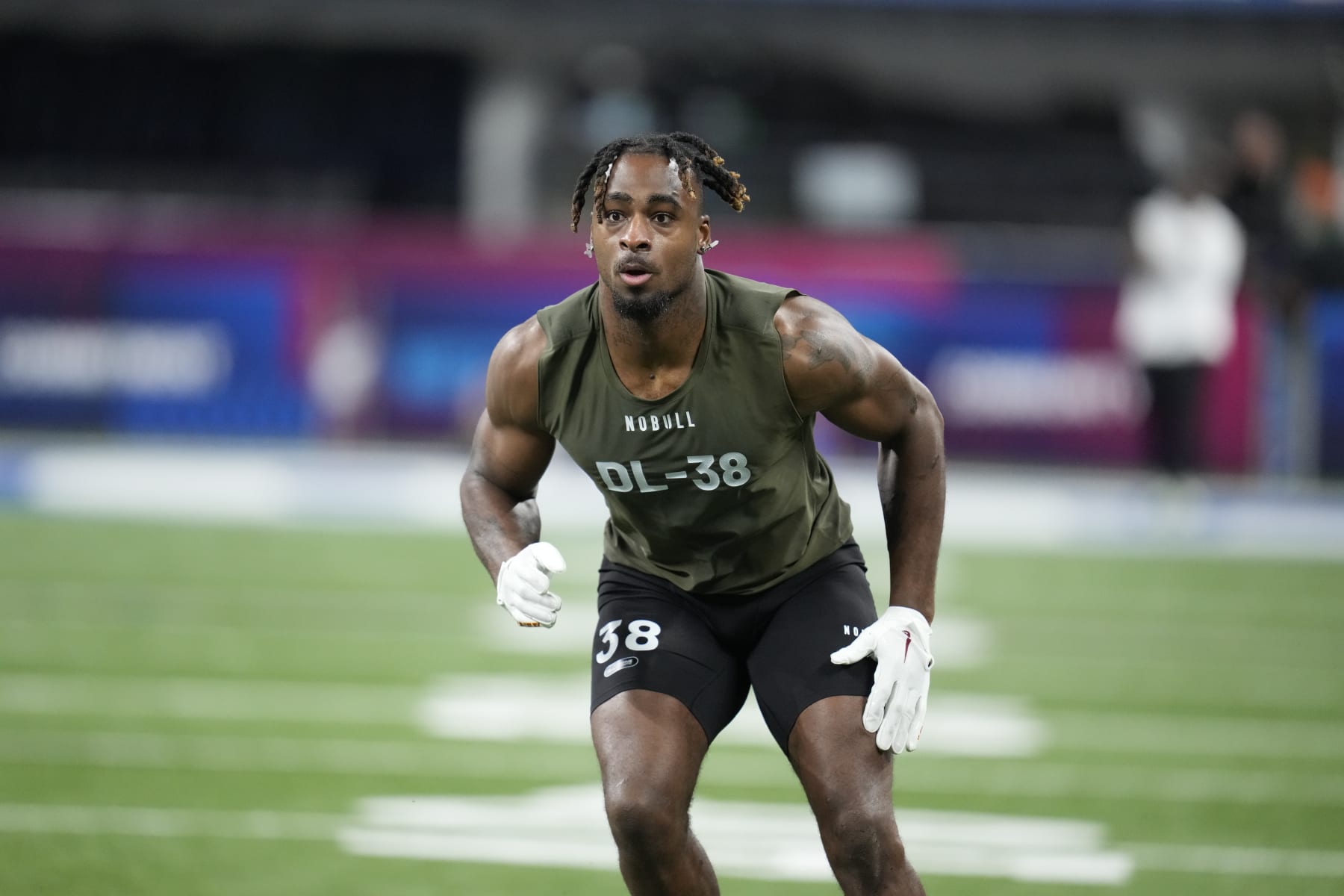 Iowa State defensive lineman Will McDonald IV runs a drill at the NFL football scouting combine in Indianapolis, Thursday, March 2, 2023. (AP Photo/Michael Conroy)