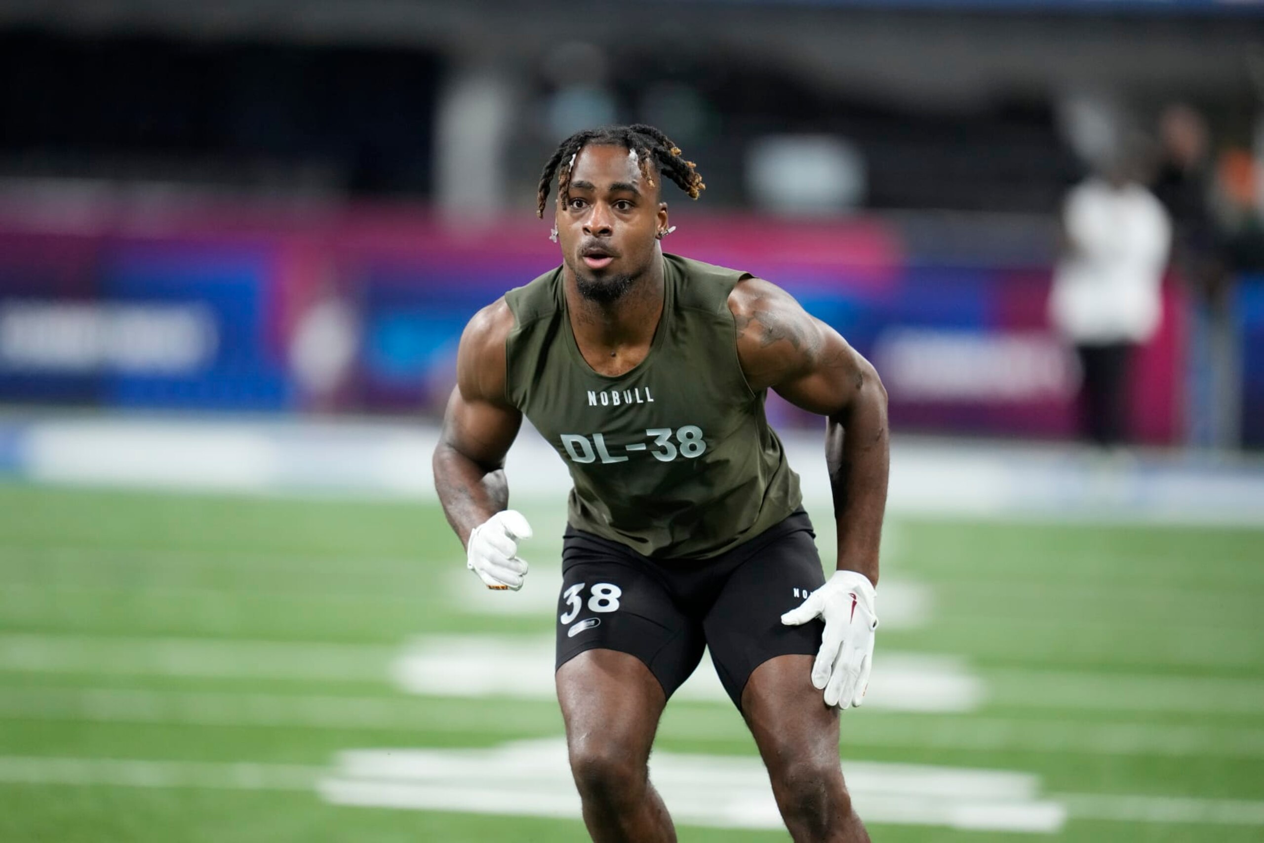 Iowa State defensive lineman Will McDonald IV runs a drill at the NFL football scouting combine in Indianapolis, Thursday, March 2, 2023. (AP Photo/Michael Conroy)