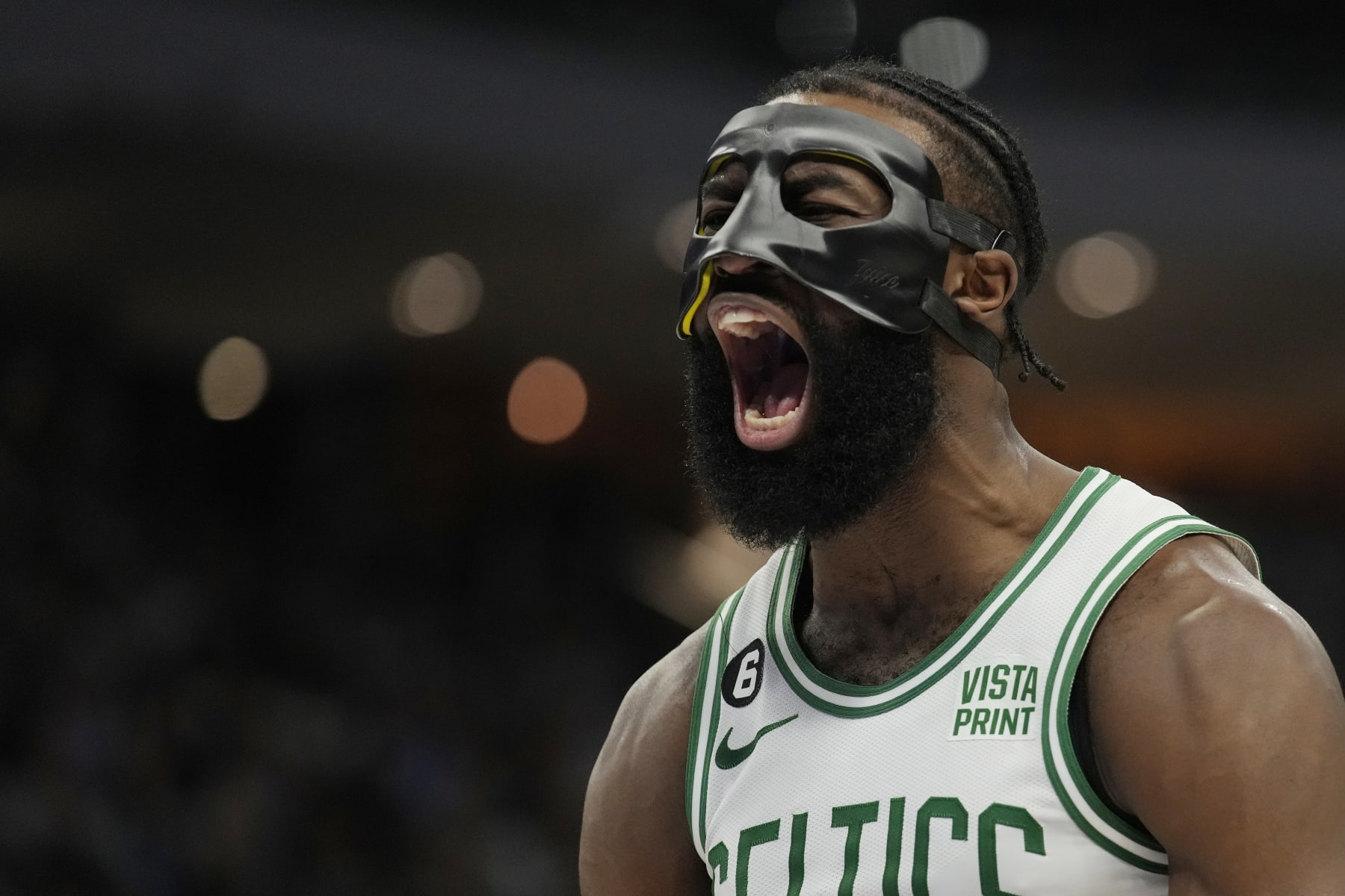 MILWAUKEE, WISCONSIN - MARCH 30: Jaylen Brown #7 of the Boston Celtics reacts after making a basket against the Milwaukee Bucks in the second half at Fiserv Forum on March 30, 2023 in Milwaukee, Wisconsin. NOTE TO USER: User expressly acknowledges and agrees that, by downloading and or using this photograph, user is consenting to the terms and conditions of the Getty Images License Agreement. (Photo by Patrick McDermott/Getty Images)