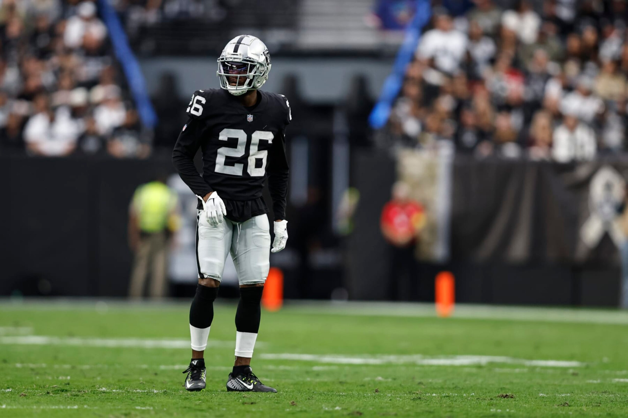 LAS VEGAS, NEVADA - NOVEMBER 13: Rock Ya-Sin #26 of the Las Vegas Raiders looks on during an NFL game between the Las Vegas Raiders and the Indianapolis Colts at Allegiant Stadium on November 13, 2022 in Las Vegas, Nevada. (Photo by Michael Owens/Getty Images)