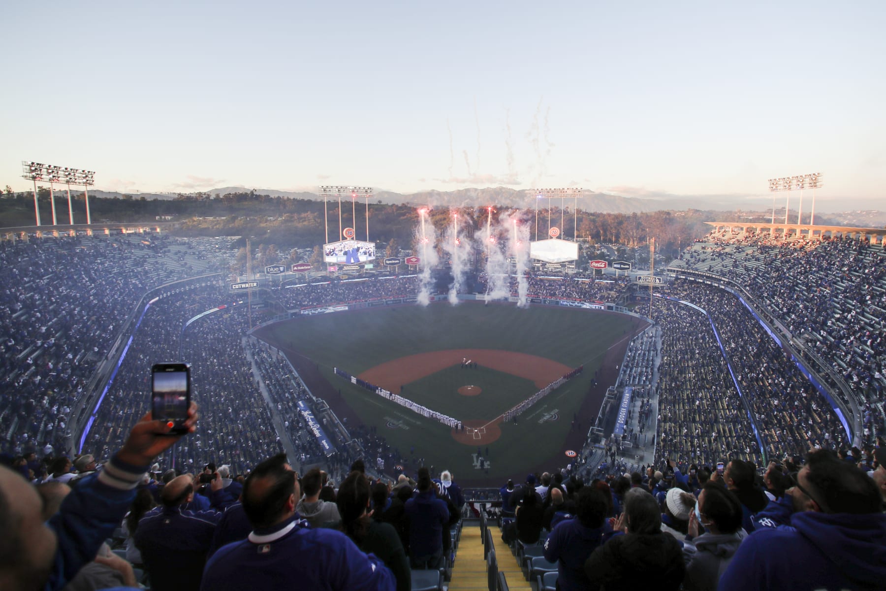 LOS ANGELES, CA - MARCH 30: Fireworks fly in the outfield of Dodger Stadium to commemorate the start of the 2023 season during the Dodgers home opener on Thursday, March 30, 2023 in Los Angeles, CA.(Allen J. Schaben / Los Angeles Times via Getty Images)