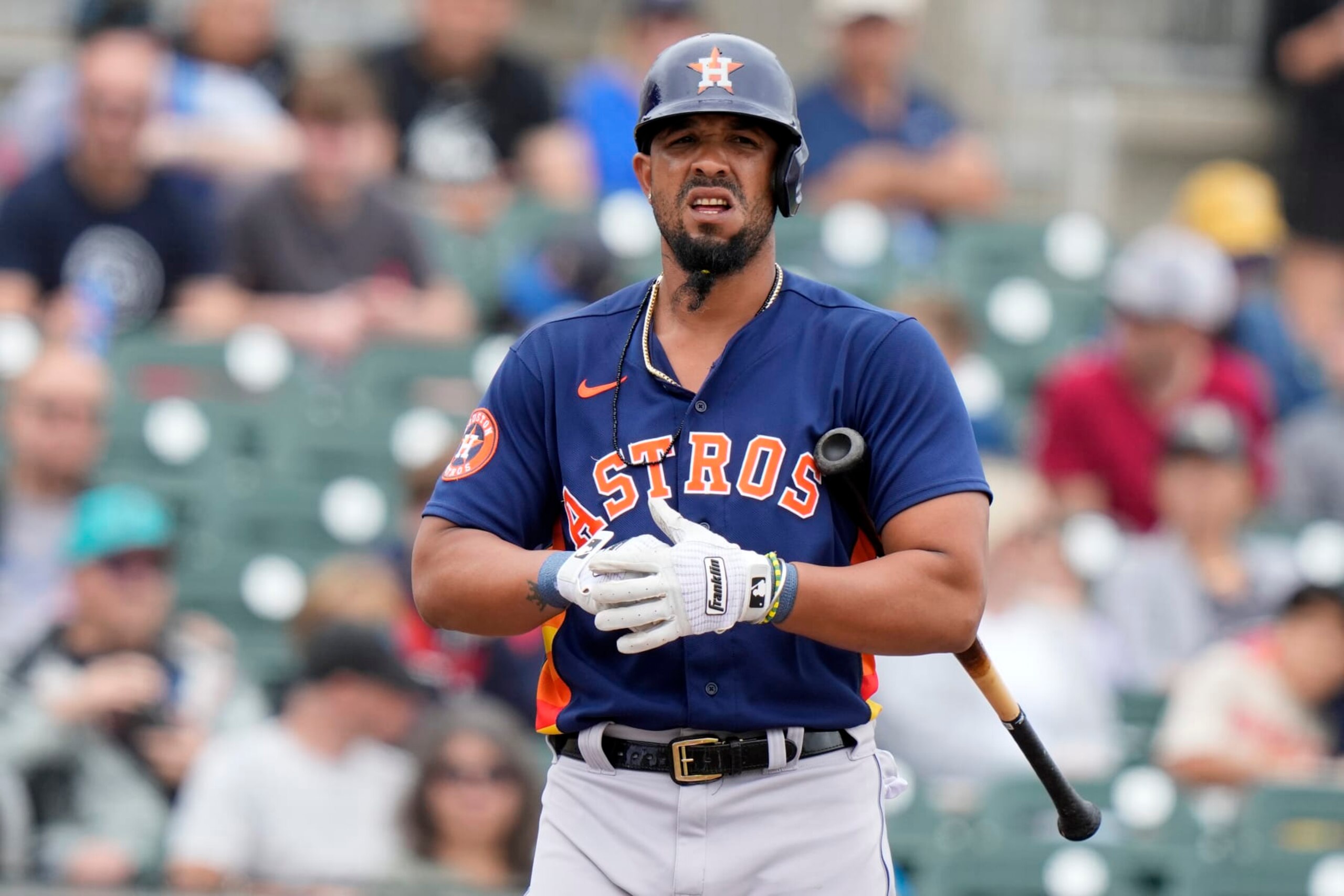 Houston Astros' Jose Abreu bats during the first inning of a spring training baseball game against the Miami Marlins, Sunday, March 19, 2023, in Jupiter, Fla. (AP Photo/Lynne Sladky)