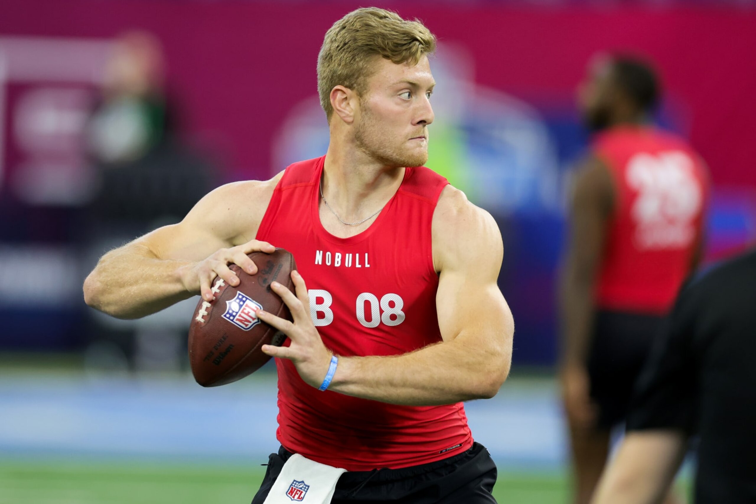 INDIANAPOLIS, INDIANA - MARCH 04: Quarterback Will Levis of Kentucky participates in a drill during the NFL Combine at Lucas Oil Stadium on March 04, 2023 in Indianapolis, Indiana. (Photo by Stacy Revere/Getty Images)