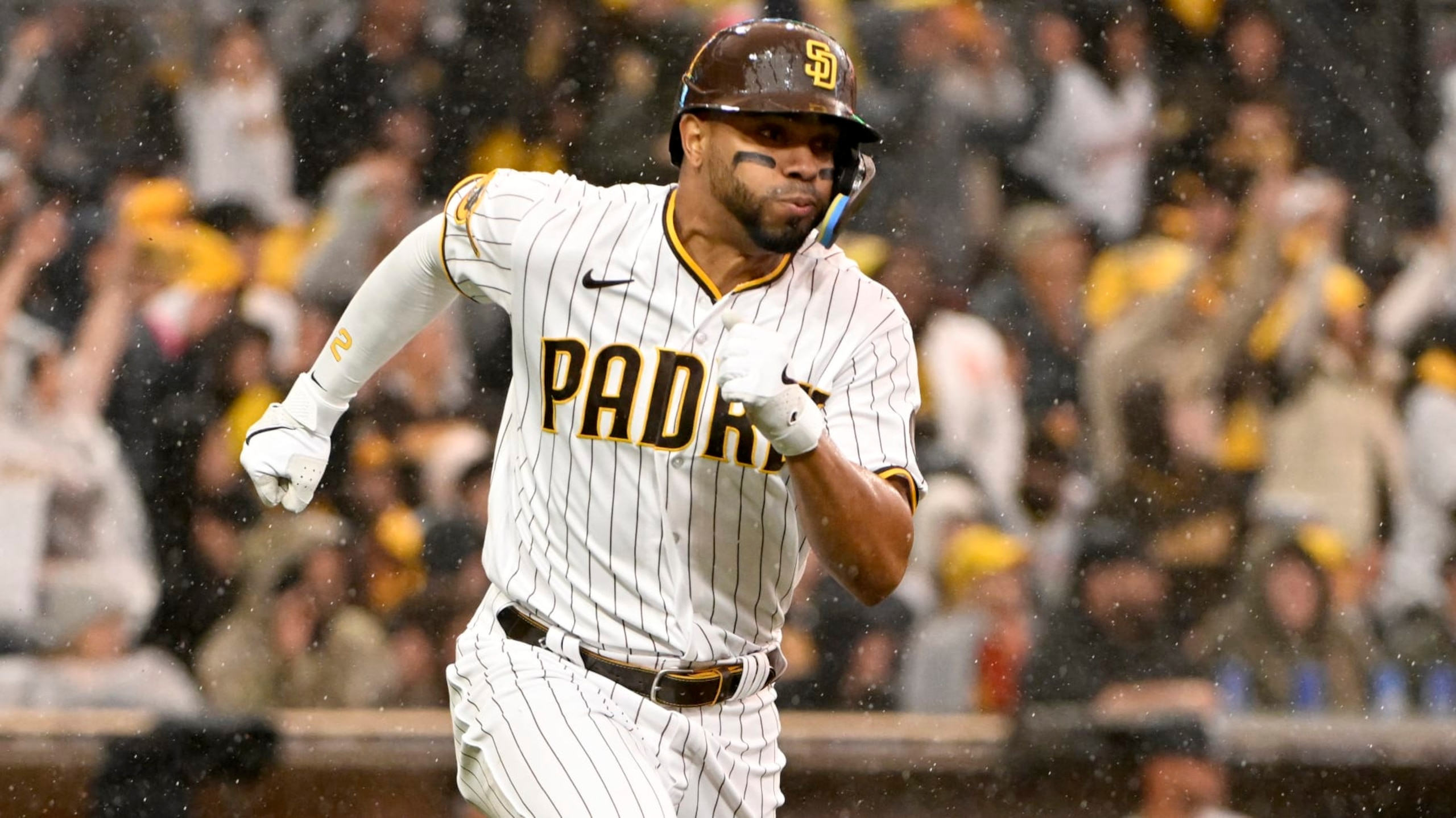 San Diego Padres' Xander Bogaerts rounds first on a double against the Colorado Rockies during the first inning of a baseball game in San Diego, Thursday, March 30, 2023. (AP Photo/Alex Gallardo)
