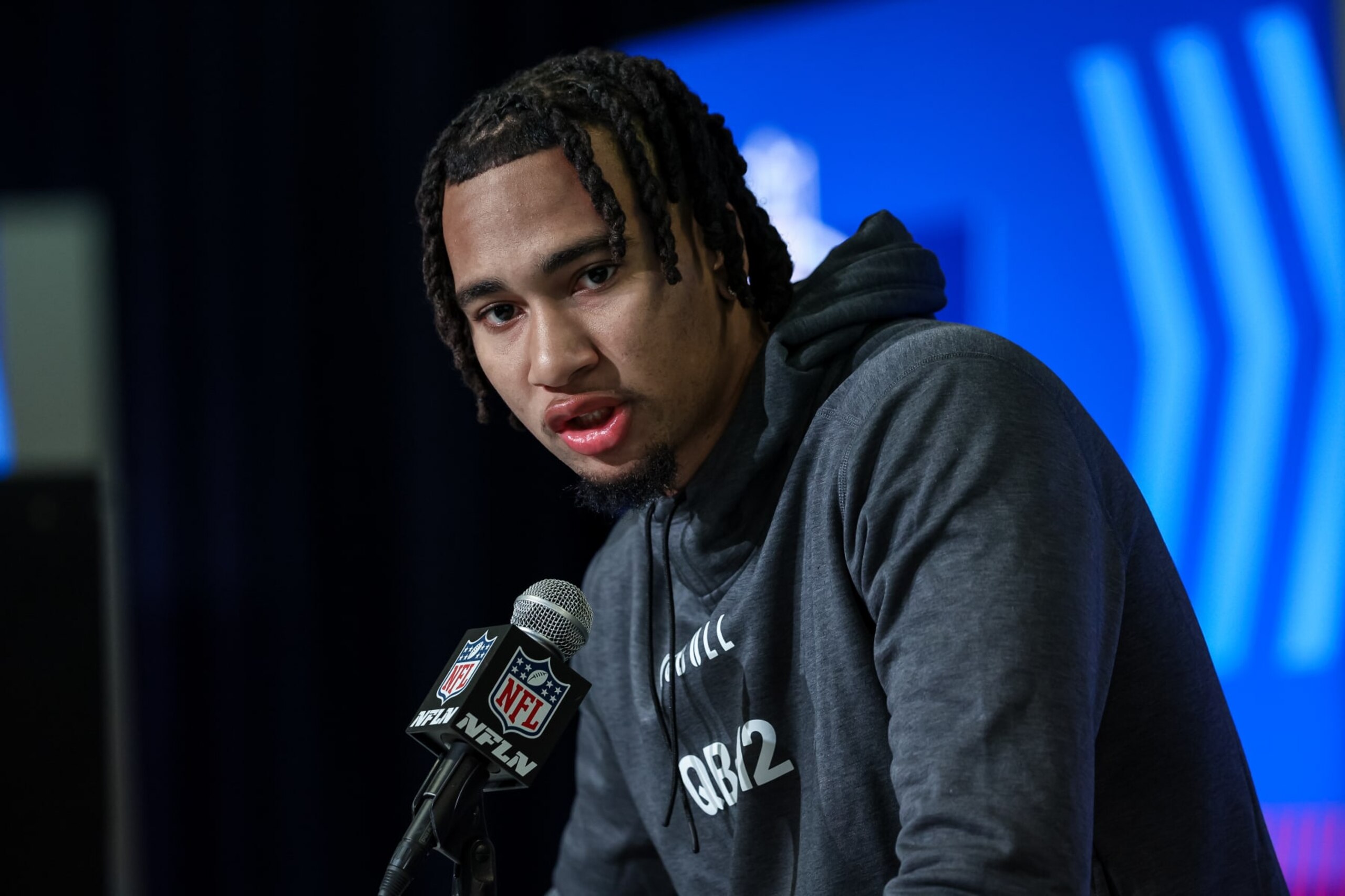 INDIANAPOLIS, IN - MARCH 03: Quarterback CJ Stroud of Ohio State speaks to the media during the NFL Combine at Lucas Oil Stadium on March 3, 2023 in Indianapolis, Indiana. (Photo by Michael Hickey/Getty Images)