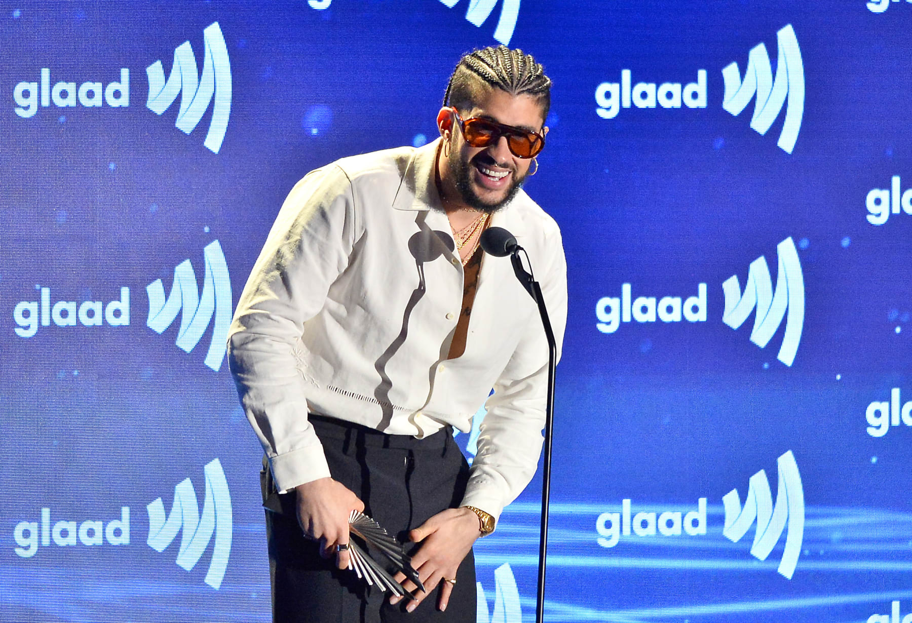 BEVERLY HILLS, CALIFORNIA - MARCH 30: Bad Bunny, winner of the Vanguard Award, speaks onstage during the 34th Annual GLAAD Media Awards at The Beverly Hilton on March 30, 2023 in Beverly Hills, California. (Photo by Jerod Harris/Getty Images)