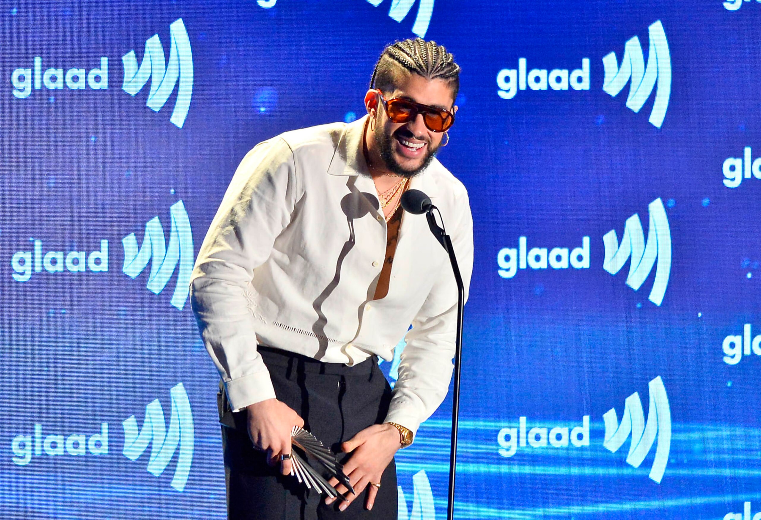BEVERLY HILLS, CALIFORNIA - MARCH 30: Bad Bunny, winner of the Vanguard Award, speaks onstage during the 34th Annual GLAAD Media Awards at The Beverly Hilton on March 30, 2023 in Beverly Hills, California. (Photo by Jerod Harris/Getty Images)