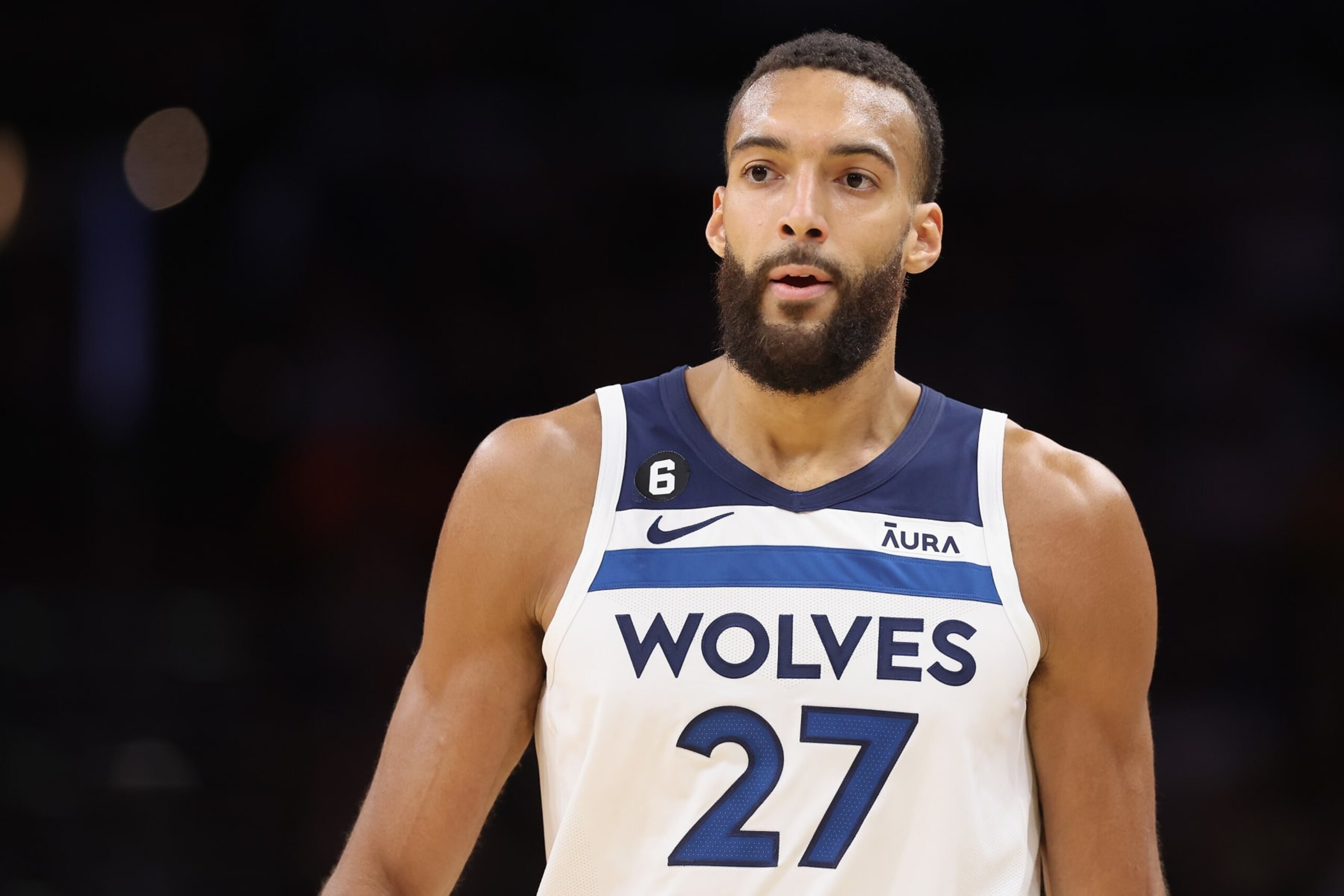 PHOENIX, ARIZONA - MARCH 29: Rudy Gobert #27 of the Minnesota Timberwolves during the second half of the NBA game at Footprint Center on March 29, 2023 in Phoenix, Arizona. The Suns defeated the Timberwolves 107-100.  NOTE TO USER: User expressly acknowledges and agrees that, by downloading and or using this photograph, User is consenting to the terms and conditions of the Getty Images License Agreement.  (Photo by Christian Petersen/Getty Images)