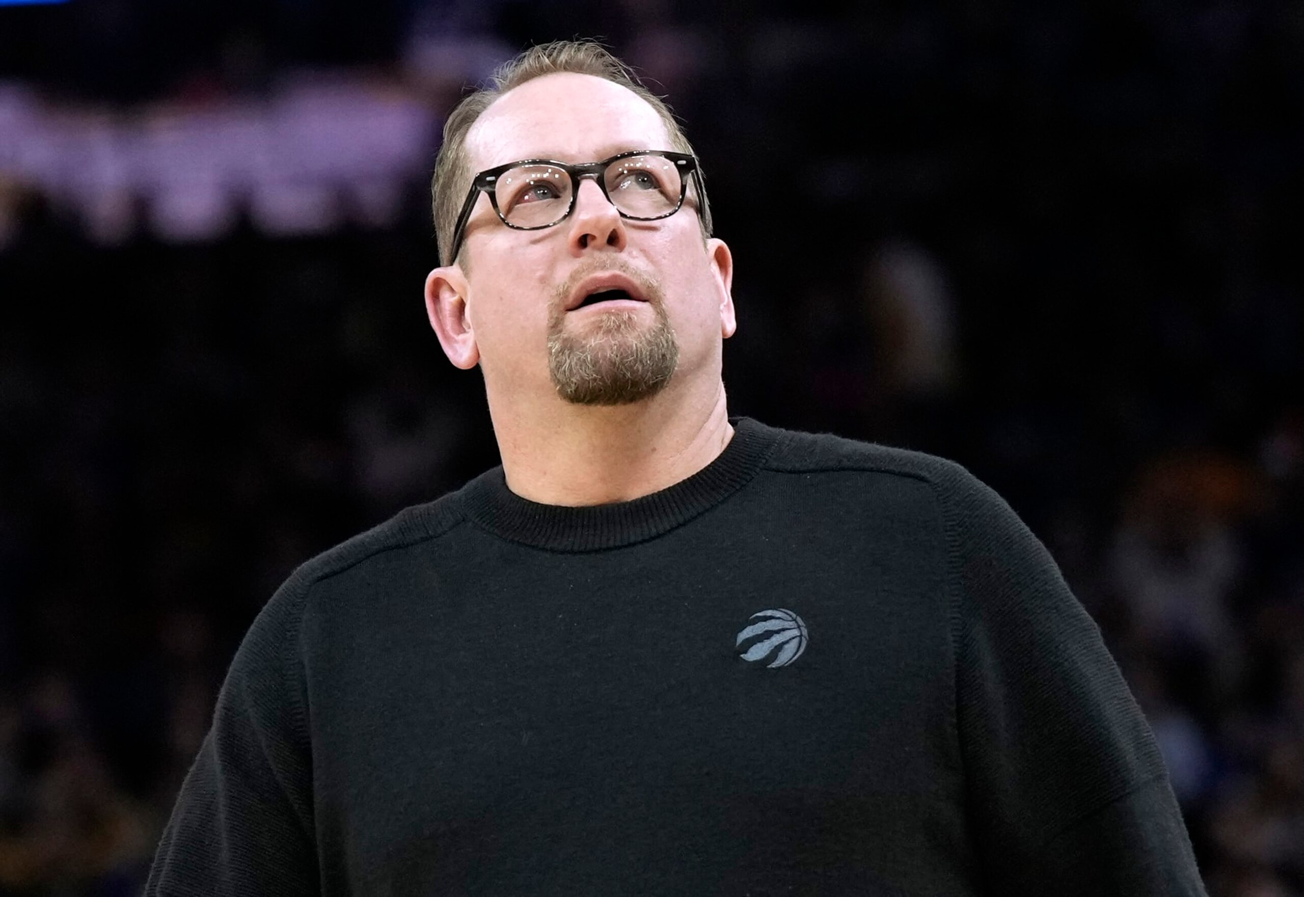 SAN FRANCISCO, CALIFORNIA - JANUARY 27: Head coach Nick Nurse of the Toronto Raptors reacts to the officiating against the Golden State Warriors during an NBA basketball game at Chase Center on January 27, 2023 in San Francisco, California. NOTE TO USER: User expressly acknowledges and agrees that, by downloading and or using this photograph, User is consenting to the terms and conditions of the Getty Images License Agreement. (Photo by Thearon W. Henderson/Getty Images)