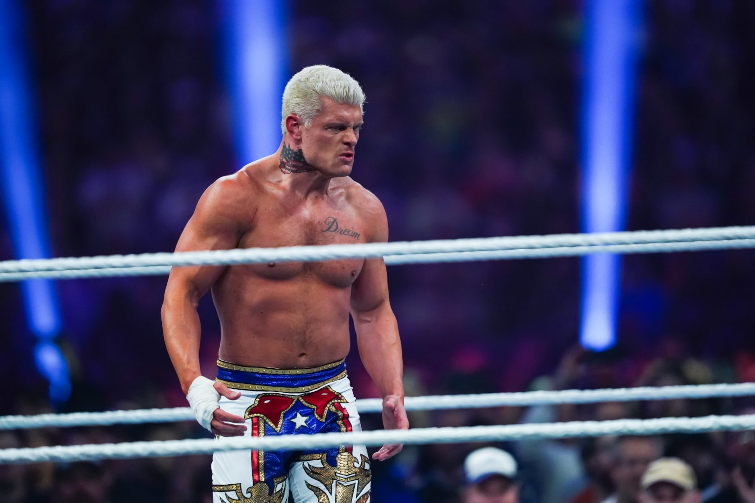 SAN ANTONIO, TEXAS - JANUARY 28: Cody Rhodes looks on during the WWE Royal Rumble at Alamodome on January 28, 2023 in San Antonio, Texas. (Photo by Alex Bierens de Haan/Getty Images)