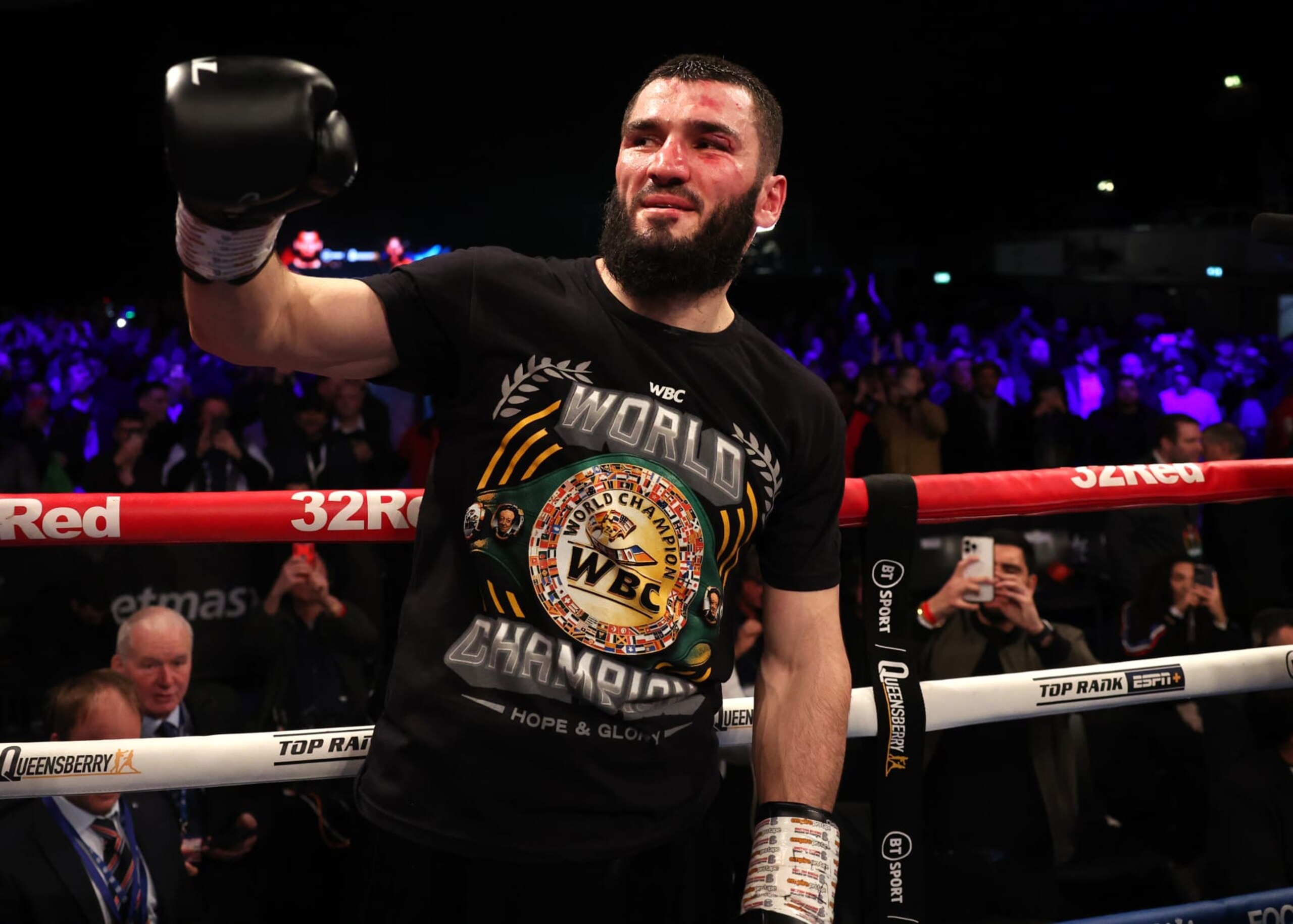 LONDON, ENGLAND - JANUARY 28: Artur Beterbiev celebrates after defeating Anthony Yarde during their WBC, IBF and WBO light heavyweight Championship fight at OVO Arena Wembley on January 28, 2023 in London, England. (Photo by Mark Robison/Top Rank Inc via Getty Images)