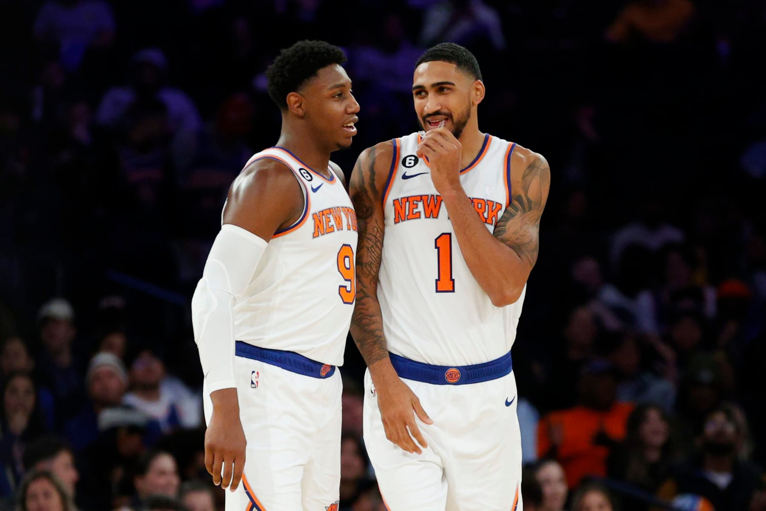 NEW YORK, NEW YORK - OCTOBER 04: RJ Barrett #9 talks with Obi Toppin #1 of the New York Knicks during the second half against the Detroit Pistons at Madison Square Garden on October 04, 2022 in New York City. NOTE TO USER: User expressly acknowledges and agrees that, by downloading and or using this photograph, User is consenting to the terms and conditions of the Getty Images License Agreement. (Photo by Sarah Stier/Getty Images) NEW YORK, NEW YORK - OCTOBER 04: RJ Barrett #9 talks with Obi Toppin #1 of the New York Knicks during the second half against the Detroit Pistons at Madison Square Garden on October 04, 2022 in New York City. NOTE TO USER: User expressly acknowledges and agrees that, by downloading and or using this photograph, User is consenting to the terms and conditions of the Getty Images License Agreement. (Photo by Sarah Stier/Getty Images)