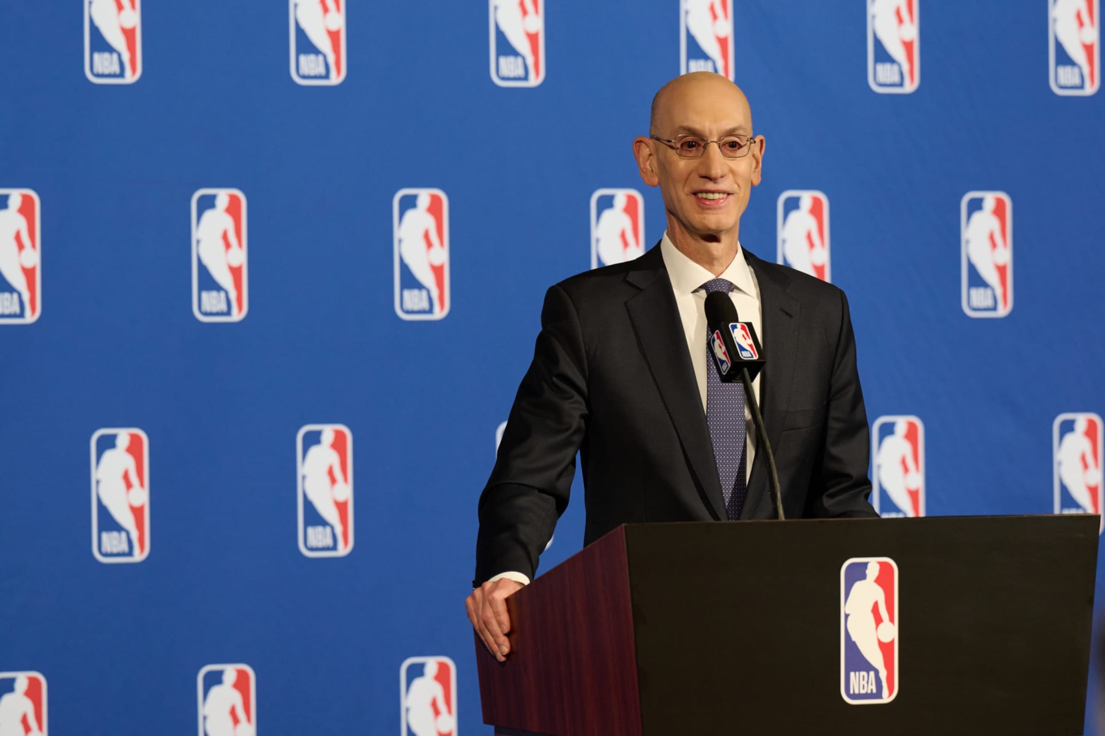 NEW YORK - MARCH 29: NBA Commissioner Adam Silver speaks to the media after the Board of Governors meetings on March 29, 2023 at the St. Regis Hotel in New York City. NOTE TO USER: User expressly acknowledges and agrees that, by downloading and/or using this photograph, user is consenting to the terms and conditions of the Getty Images License Agreement.  Mandatory Copyright Notice: Copyright 2023 NBAE (Photo by Jennifer Pottheiser/NBAE via Getty Images)