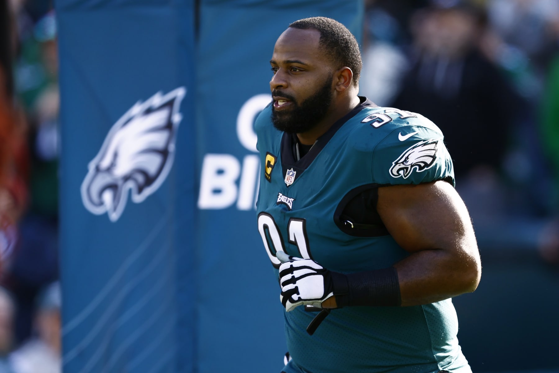 Philadelphia Eagles defensive tackle Fletcher Cox (91) is introduced before an NFL football game against the New Orleans Saints, Sunday, Jan. 1, 2023, in Philadelphia. (AP Photo/Rich Schultz)