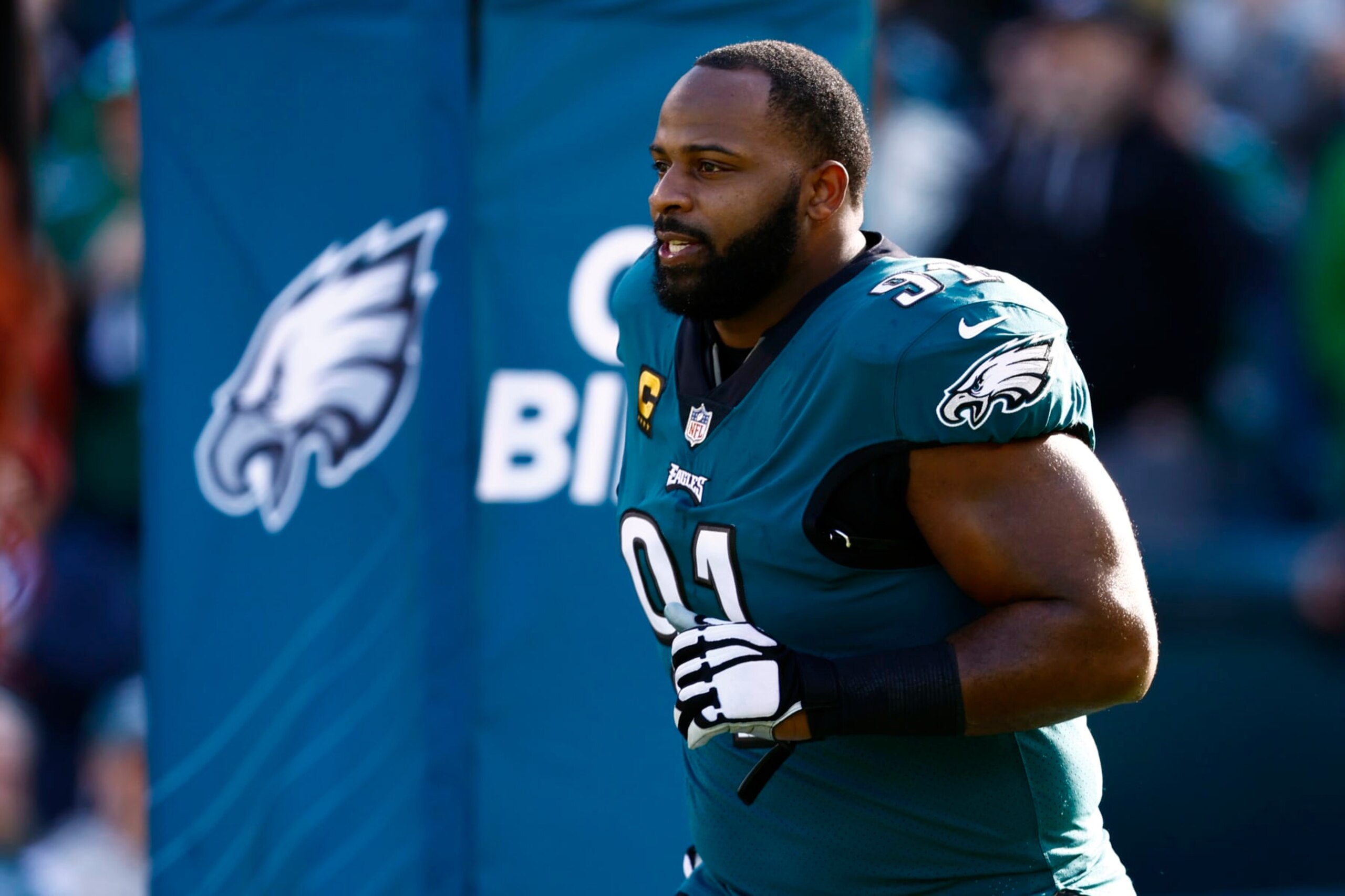 Philadelphia Eagles defensive tackle Fletcher Cox (91) is introduced before an NFL football game against the New Orleans Saints, Sunday, Jan. 1, 2023, in Philadelphia. (AP Photo/Rich Schultz) Philadelphia Eagles defensive tackle Fletcher Cox (91) is introduced before an NFL football game against the New Orleans Saints, Sunday, Jan. 1, 2023, in Philadelphia. (AP Photo/Rich Schultz)