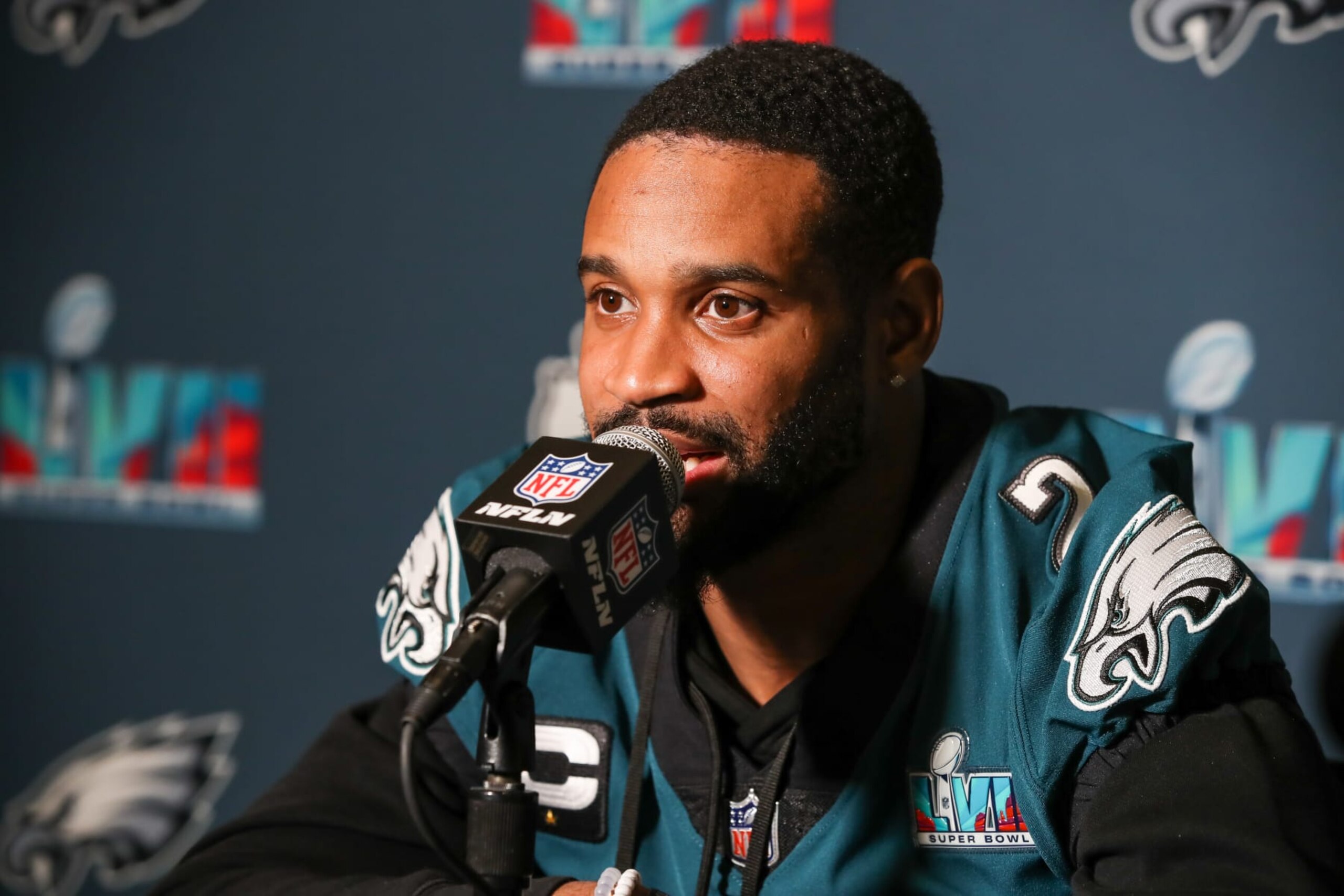 PHOENIX, AZ - FEBRUARY 09:Philadelphia Eagles cornerback Darius Slay (2) talks with the media during the Super Bowl LVII Eagles Media Availability at Sheraton Grand at Wild Horse Pass on Thursday February 9, 2023  in Phoenix.AZ.  (Photo by Jevone Moore/Icon Sportswire via Getty Images)