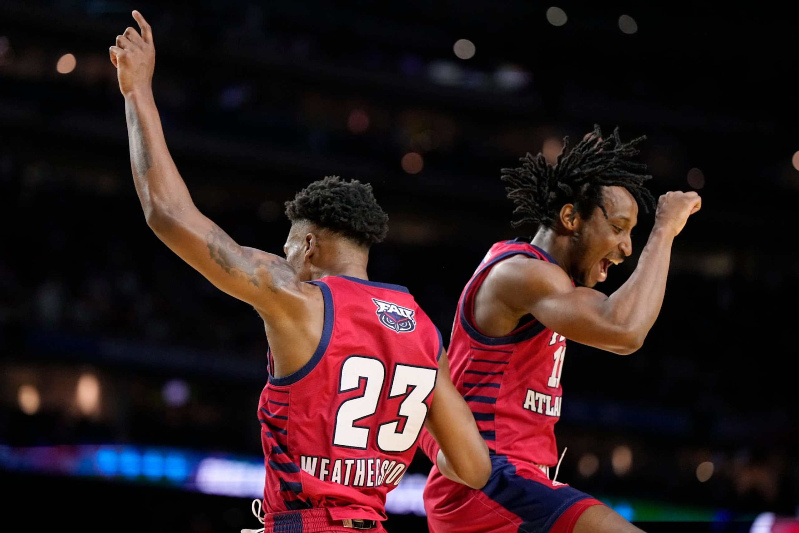 Florida Atlantic guard Brandon Weatherspoon, left, and guard Michael Forrest celebrate after scoring against San Diego State during the first half of a Final Four college basketball game in the NCAA Tournament on Saturday, April 1, 2023, in Houston. (AP Photo/Brynn Anderson) Florida Atlantic guard Brandon Weatherspoon, left, and guard Michael Forrest celebrate after scoring against San Diego State during the first half of a Final Four college basketball game in the NCAA Tournament on Saturday, April 1, 2023, in Houston. (AP Photo/Brynn Anderson)