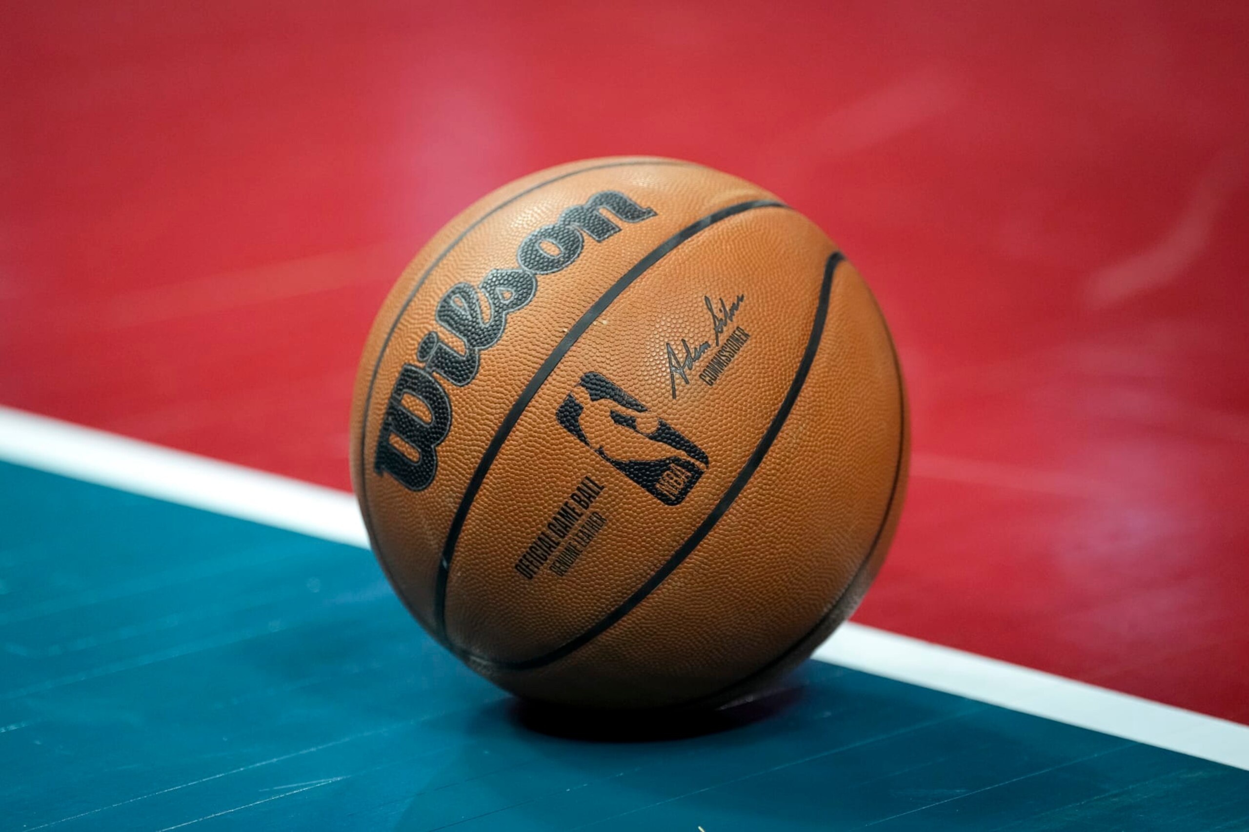 DETROIT, MICHIGAN - FEBRUARY 03: A Wilson brand official game ball basketball is pictured with the NBA logo during the game between the Detroit Pistons and Charlotte Hornets at Little Caesars Arena on February 03, 2023 in Detroit, Michigan. NOTE TO USER: User expressly acknowledges and agrees that, by downloading and or using this photograph, User is consenting to the terms and conditions of the Getty Images License Agreement. (Photo by Nic Antaya/Getty Images)