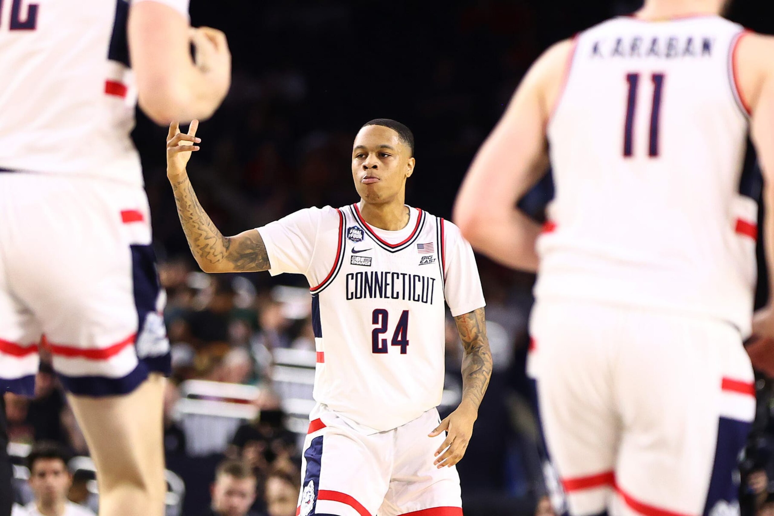 HOUSTON, TEXAS - APRIL 01: Jordan Hawkins #24 of the Connecticut Huskies reacts in the second half during the NCAA Men’s Basketball Tournament Final Four semifinal game against the Miami (Fl) Hurricanes at NRG Stadium on April 01, 2023 in Houston, Texas. (Photo by Jamie Schwaberow/NCAA Photos via Getty Images) HOUSTON, TEXAS - APRIL 01: Jordan Hawkins #24 of the Connecticut Huskies reacts in the second half during the NCAA Men’s Basketball Tournament Final Four semifinal game against the Miami (Fl) Hurricanes at NRG Stadium on April 01, 2023 in Houston, Texas. (Photo by Jamie Schwaberow/NCAA Photos via Getty Images)