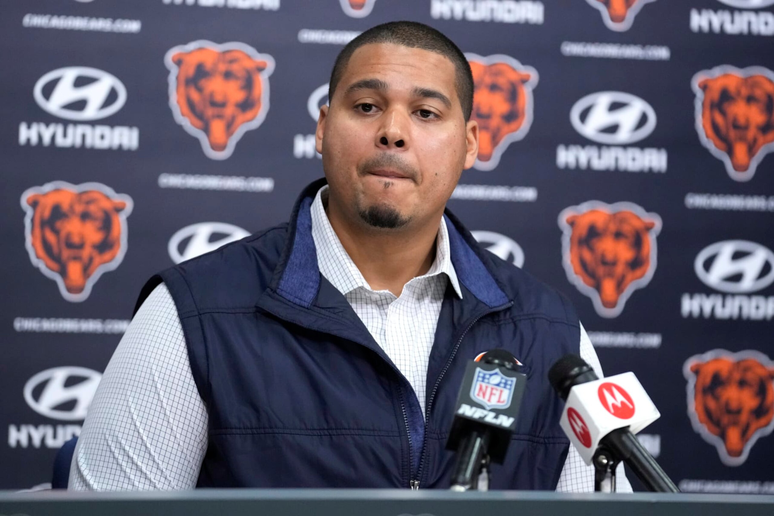 Chicago Bears general manager Ryan Poles listens to a question from media during an NFL football news conference at Halas Hall in Lake Forest, Ill., Thursday, March 16, 2023. (AP Photo/Nam Y. Huh) Chicago Bears general manager Ryan Poles listens to a question from media during an NFL football news conference at Halas Hall in Lake Forest, Ill., Thursday, March 16, 2023. (AP Photo/Nam Y. Huh)