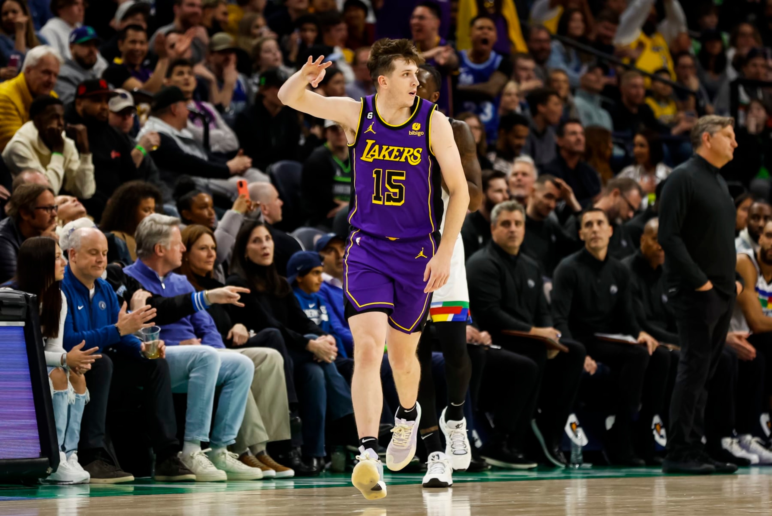 MINNEAPOLIS, MN - MARCH 31: Austin Reaves #15 of the Los Angeles Lakers celebrates his three-point basket against the Minnesota Timberwolves in the third quarter of the game at Target Center on March 31, 2023 in Minneapolis, Minnesota. The Lakers defeated the Timberwolves 123-111. NOTE TO USER: User expressly acknowledges and agrees that, by downloading and or using this Photograph, user is consenting to the terms and conditions of the Getty Images License Agreement. (Photo by David Berding/Getty Images)