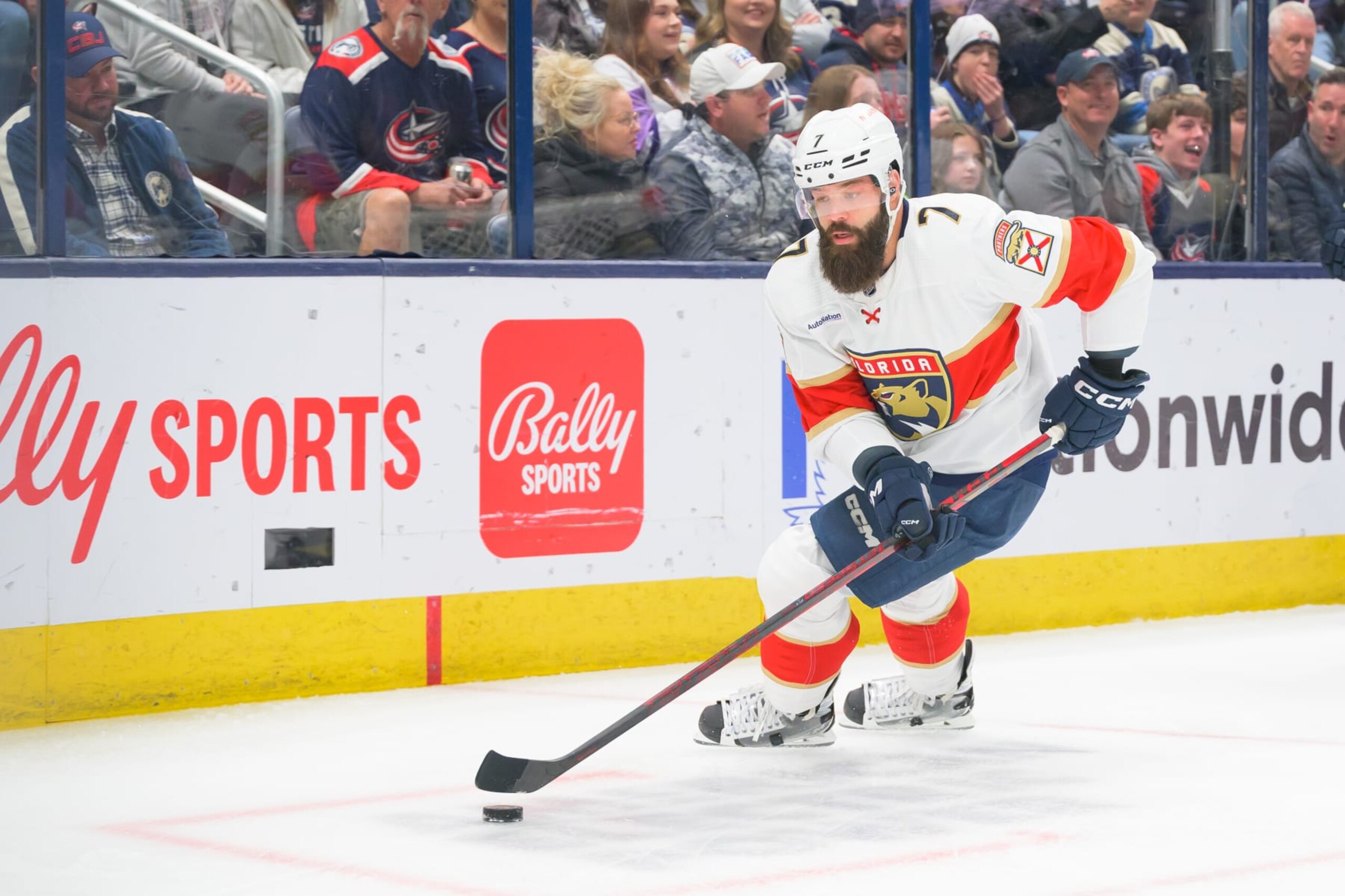 COLUMBUS, OHIO - APRIL 1: Florida Panthers Defenceman Radko Gudas (7) has possession of the puck during the NHL game between the Columbus Blue Jackets and the Florida Panthers on April 1, 2023, at Nationwide Arena in Columbus, OH. (Photo by Bella Sagarese/Icon Sportswire via Getty Images)
